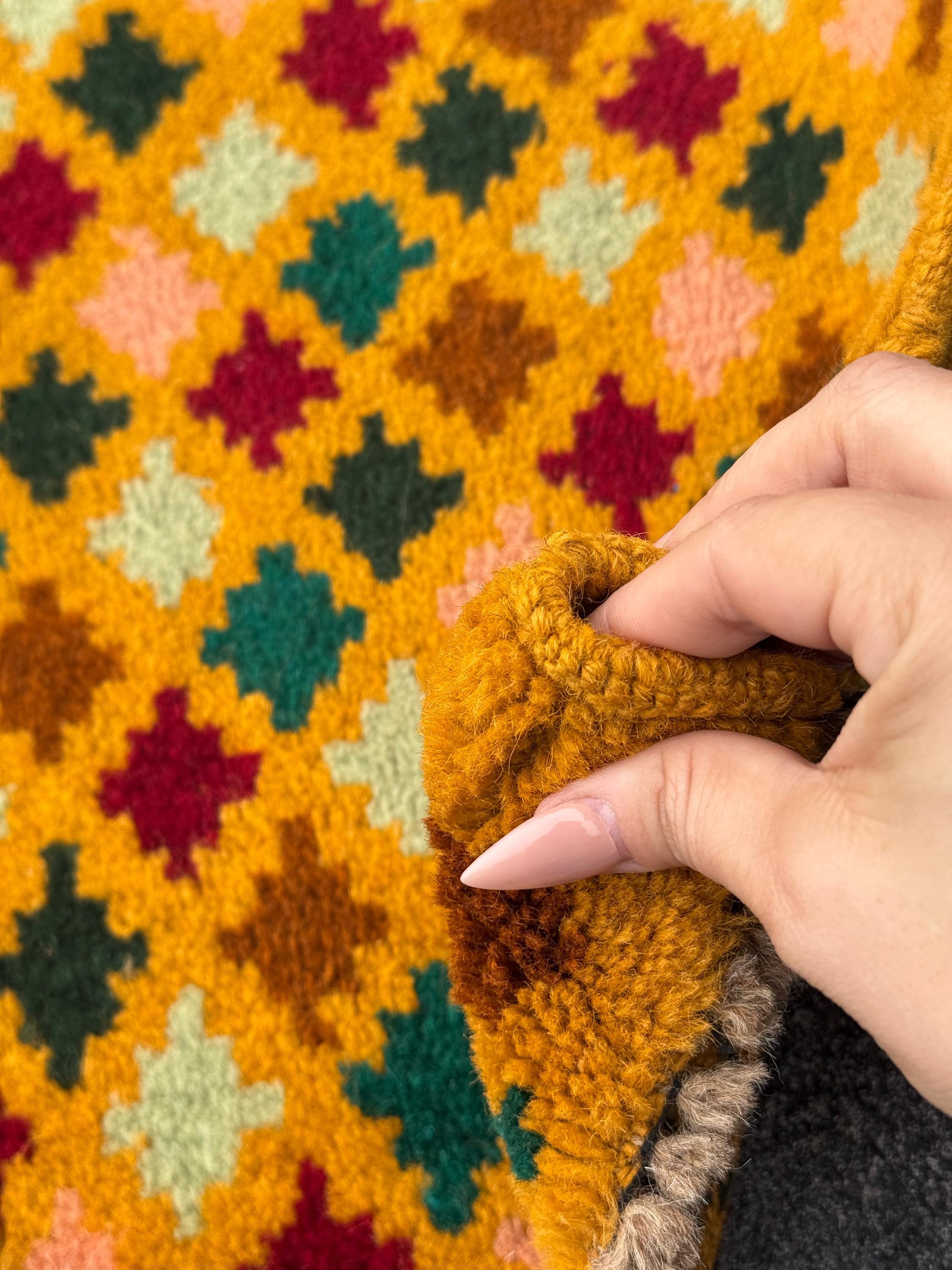 2x3 Handmade Vintage Afghan Baluch Rug | Mustard Yellow Rust Red Forest Pine Mint Green Copper Brown Peach Pink | Wool Nursery Rug