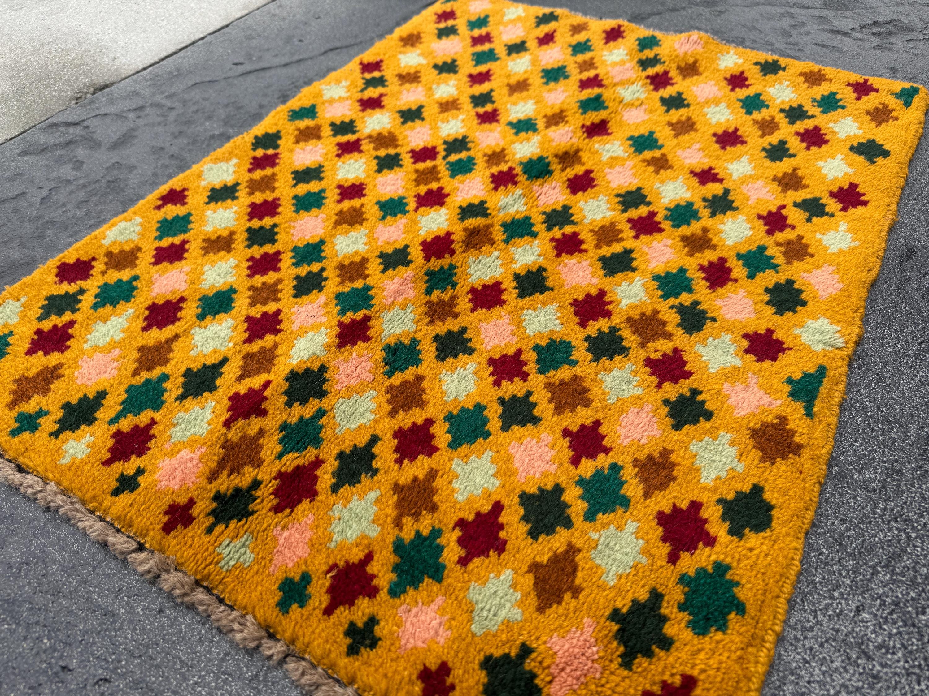2x3 Handmade Vintage Afghan Baluch Rug | Mustard Yellow Rust Red Forest Pine Mint Green Copper Brown Peach Pink | Wool Nursery Rug