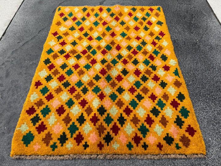 2x3 Handmade Vintage Afghan Baluch Rug | Mustard Yellow Rust Red Forest Pine Mint Green Copper Brown Peach Pink | Wool Nursery Rug