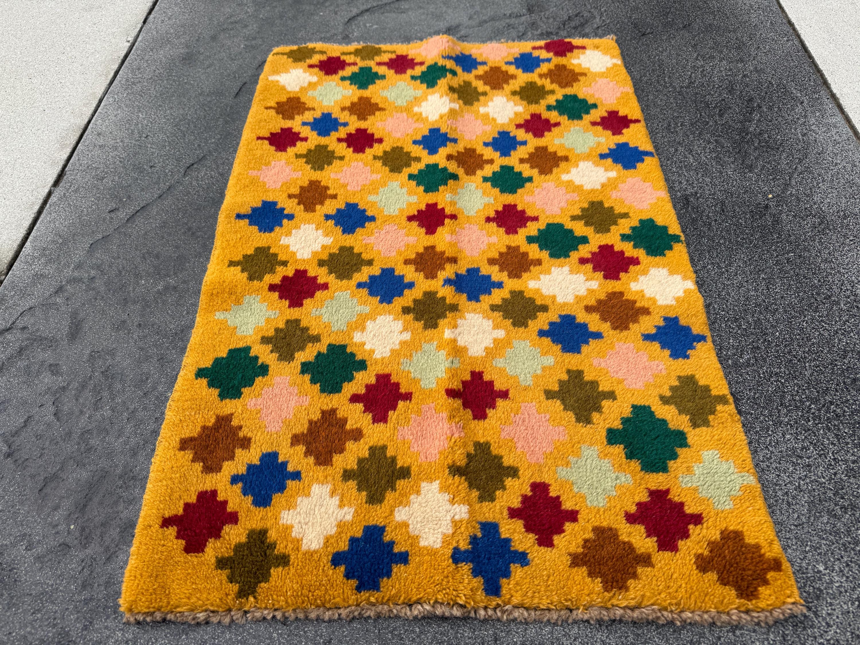 2x3 Handmade Vintage Afghan Baluch Rug | Mustard Yellow Rust Red Forest Mint Olive Green Peach Pink Cream White Navy Blue | Wool Doormat