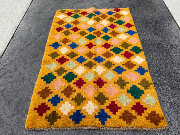 2x3 Handmade Vintage Afghan Baluch Rug | Mustard Yellow Rust Red Forest Mint Olive Green Peach Pink Cream White Navy Blue | Wool Doormat