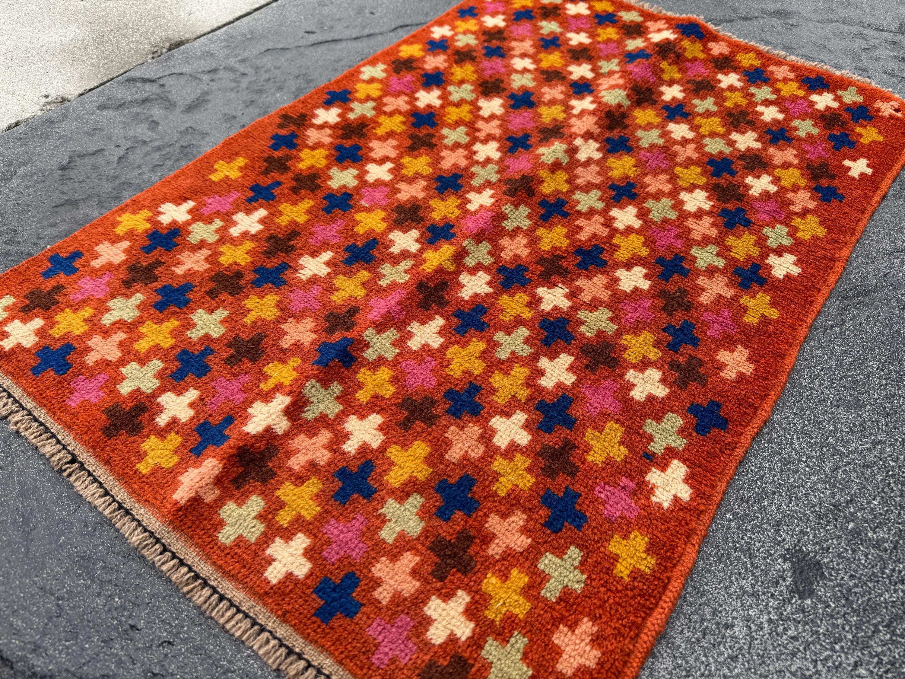 2x3 Handmade Vintage Afghan Baluch Rug | Small Wool Tribal Area Rug | Burnt Orange Mustard Yellow Navy Blue Cream Pink Green