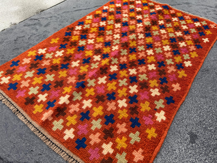 2x3 Handmade Vintage Afghan Baluch Rug | Small Wool Tribal Area Rug | Burnt Orange Mustard Yellow Navy Blue Cream Pink Green