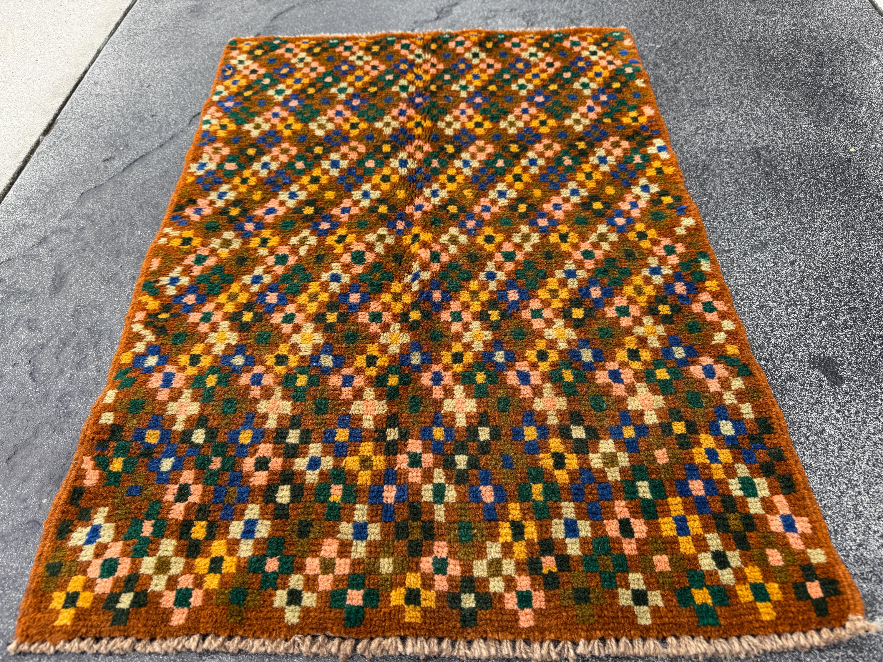 2x3 Handmade Vintage Afghan Baluch Rug | Copper Brown Peach Cream White Forest Mint Olive Pine Green Mustard Yellow Navy Blue | Wool