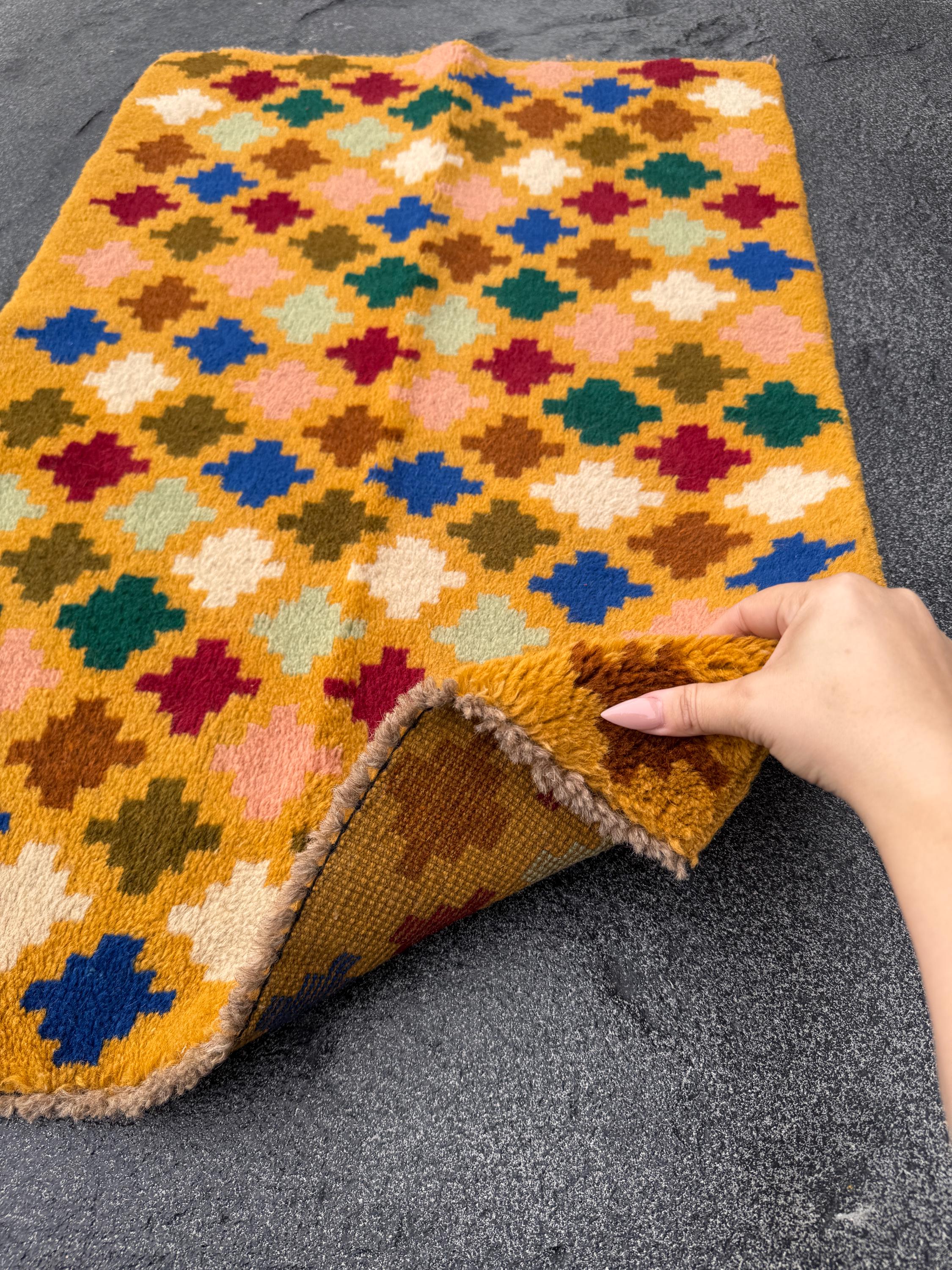 2x3 Handmade Vintage Afghan Baluch Rug | Mustard Yellow Rust Red Forest Mint Olive Green Peach Pink Cream White Navy Blue | Wool Doormat