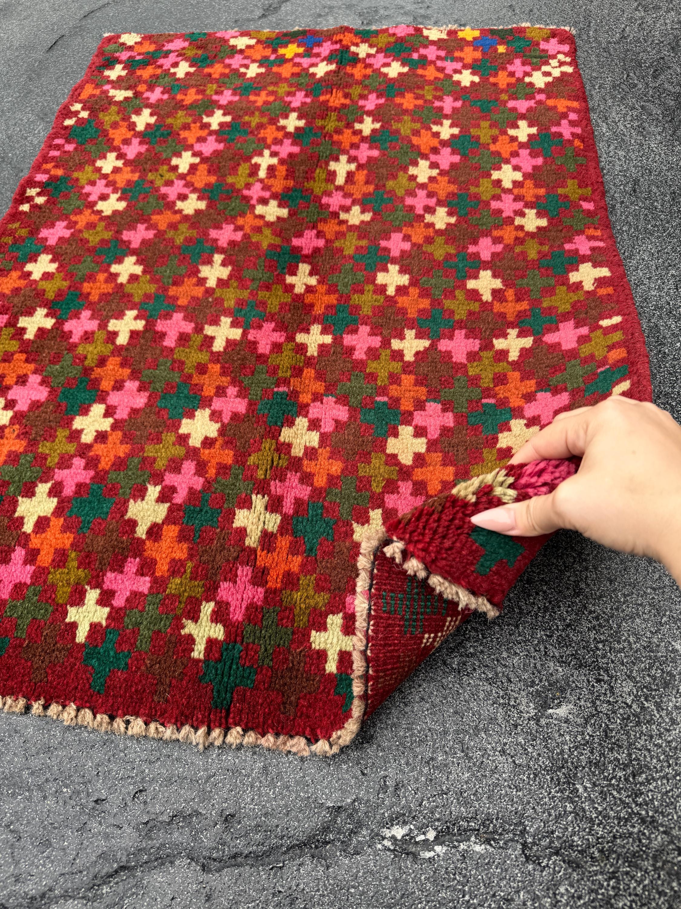 2x3 Handmade Vintage Afghan Baluch Rug | Rust Red Forest Olive Moss Green Burnt Oragne Cream White Pink Chocolate Mustard Yellow Royal Blue