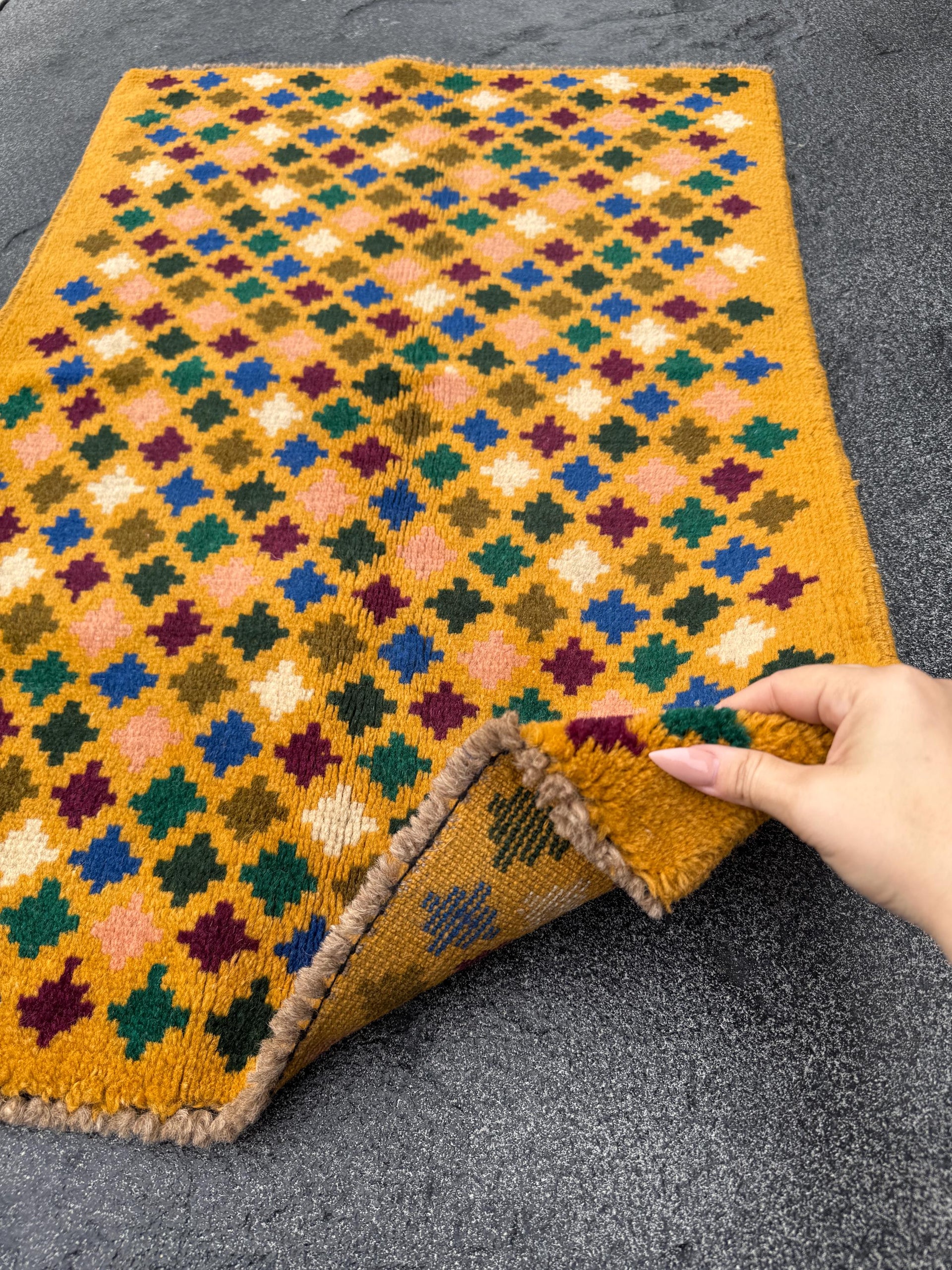2x3 Handmade Vintage Afghan Baluch Rug | Mustard Yellow Cream Salmon Pink Peach Brick Red Forest Olive Green Copper Brown Blue | Flatwoven