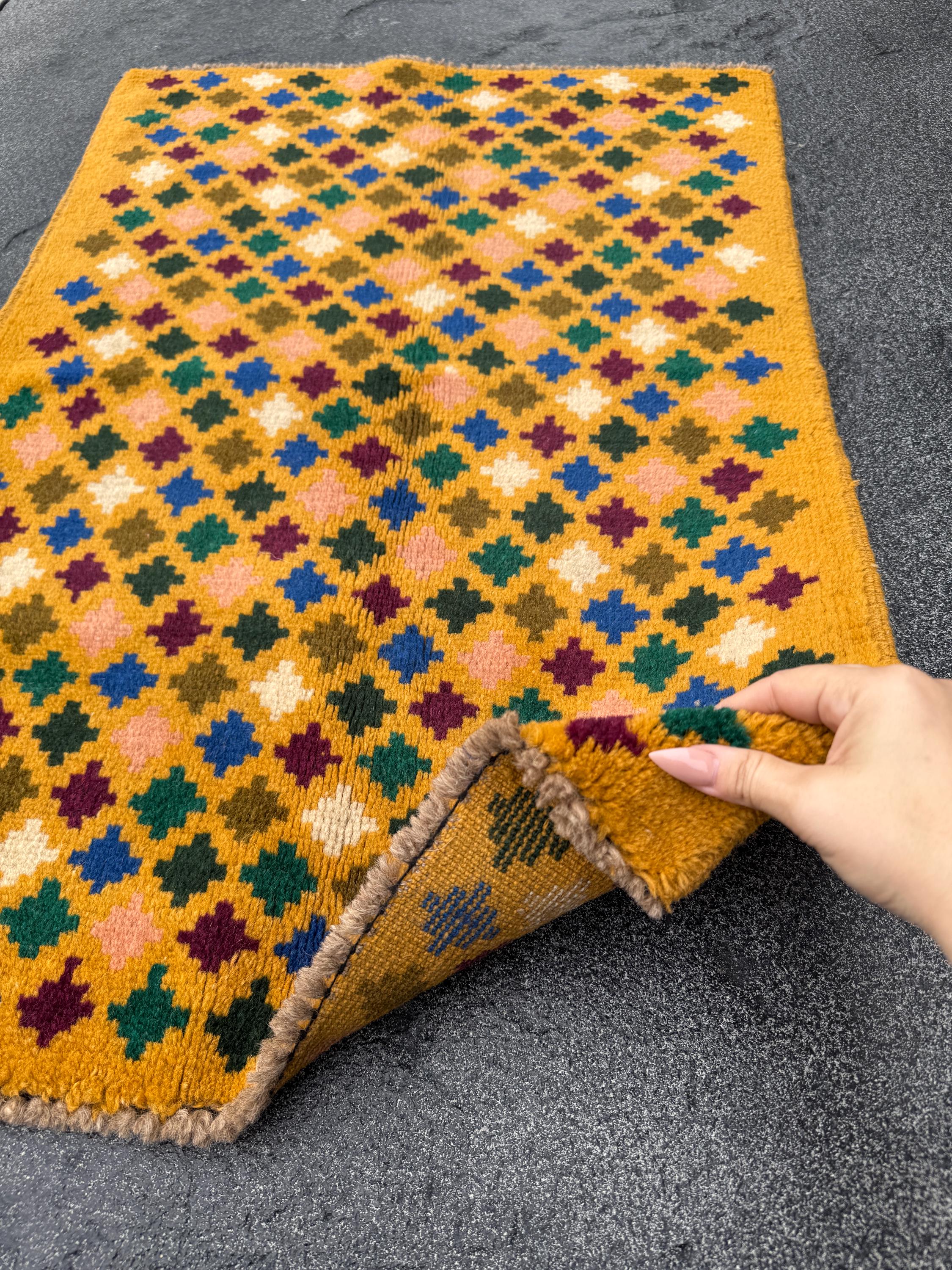 2x3 Handmade Vintage Afghan Baluch Rug | Mustard Yellow Cream Salmon Pink Peach Brick Red Forest Olive Green Copper Brown Blue | Flatwoven