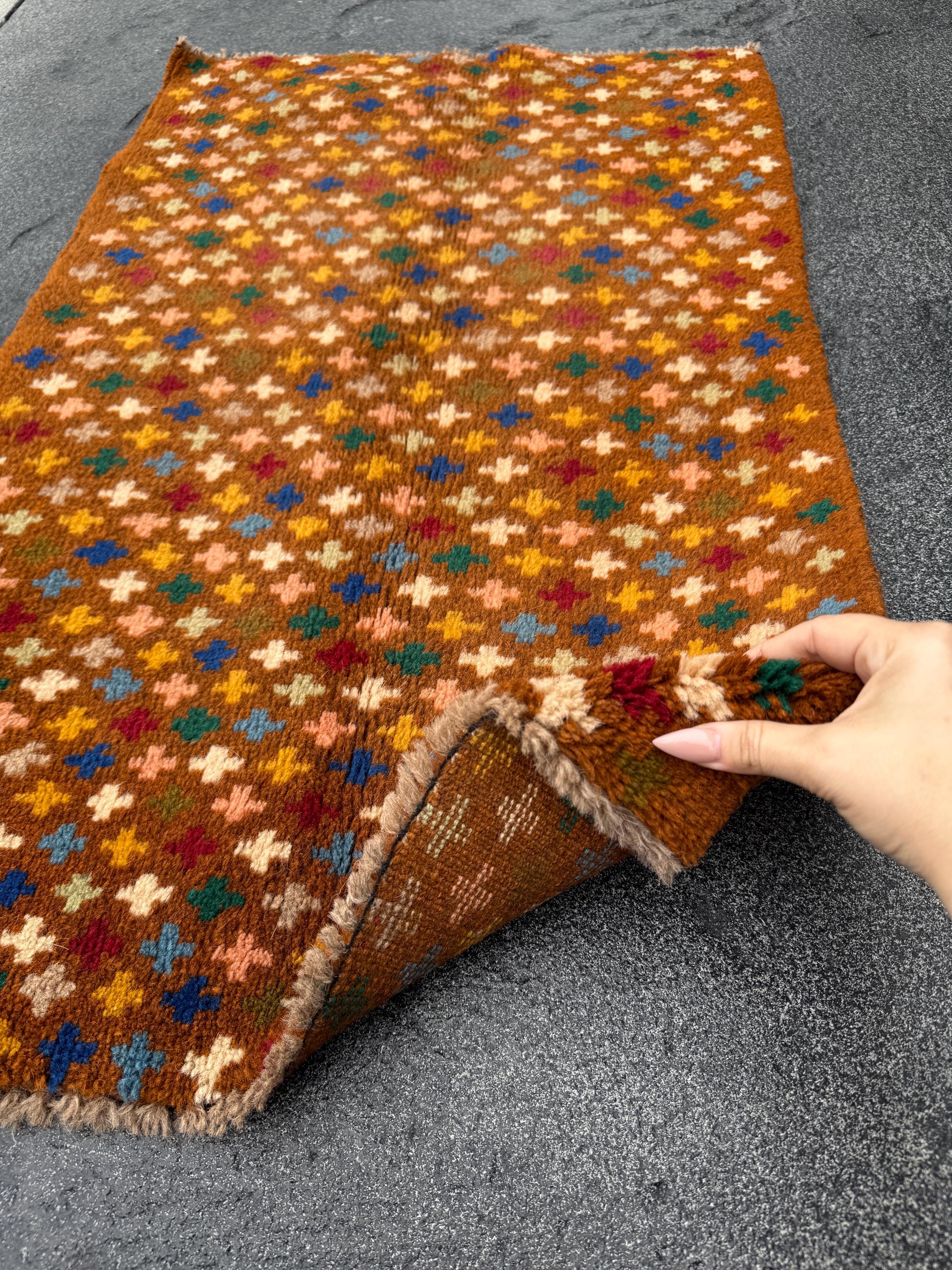 2x3 Handmade Vintage Afghan Baluch Rug | Chocolate Brown Peach Mustard Navy Denim Blue Cream Grey Mint Forest Green Tan | Wool Flatwoven