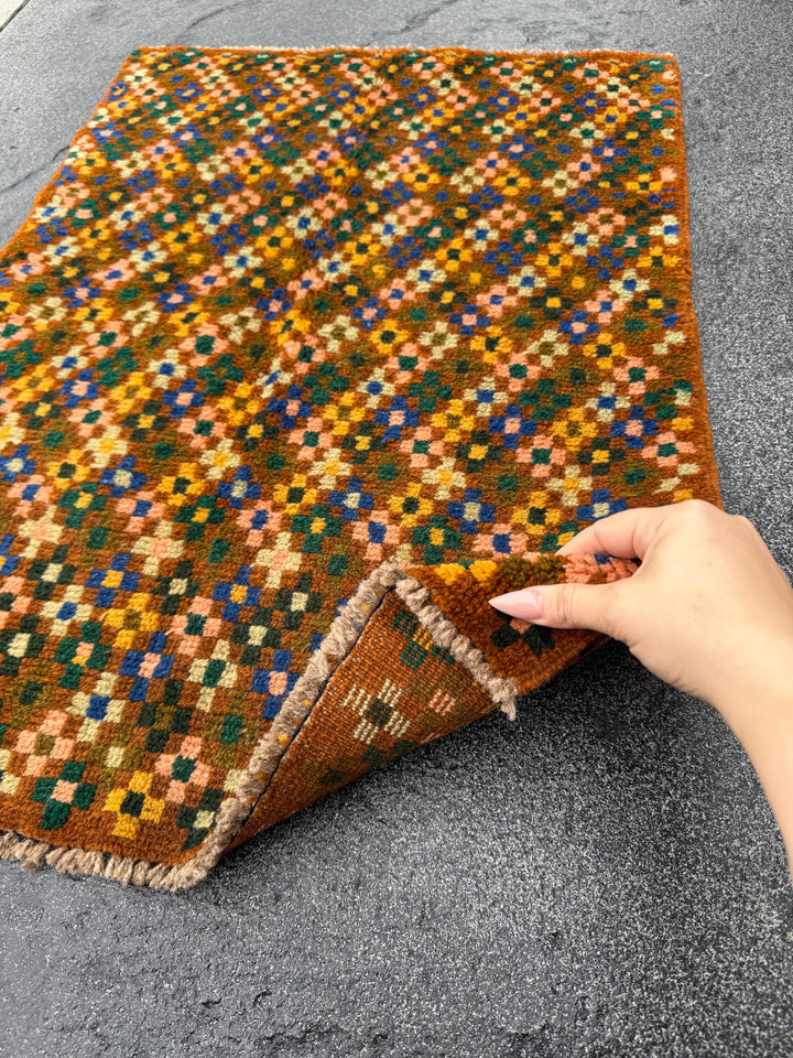 2x3 Handmade Vintage Afghan Baluch Rug | Copper Brown Peach Cream White Forest Mint Olive Pine Green Mustard Yellow Navy Blue | Wool