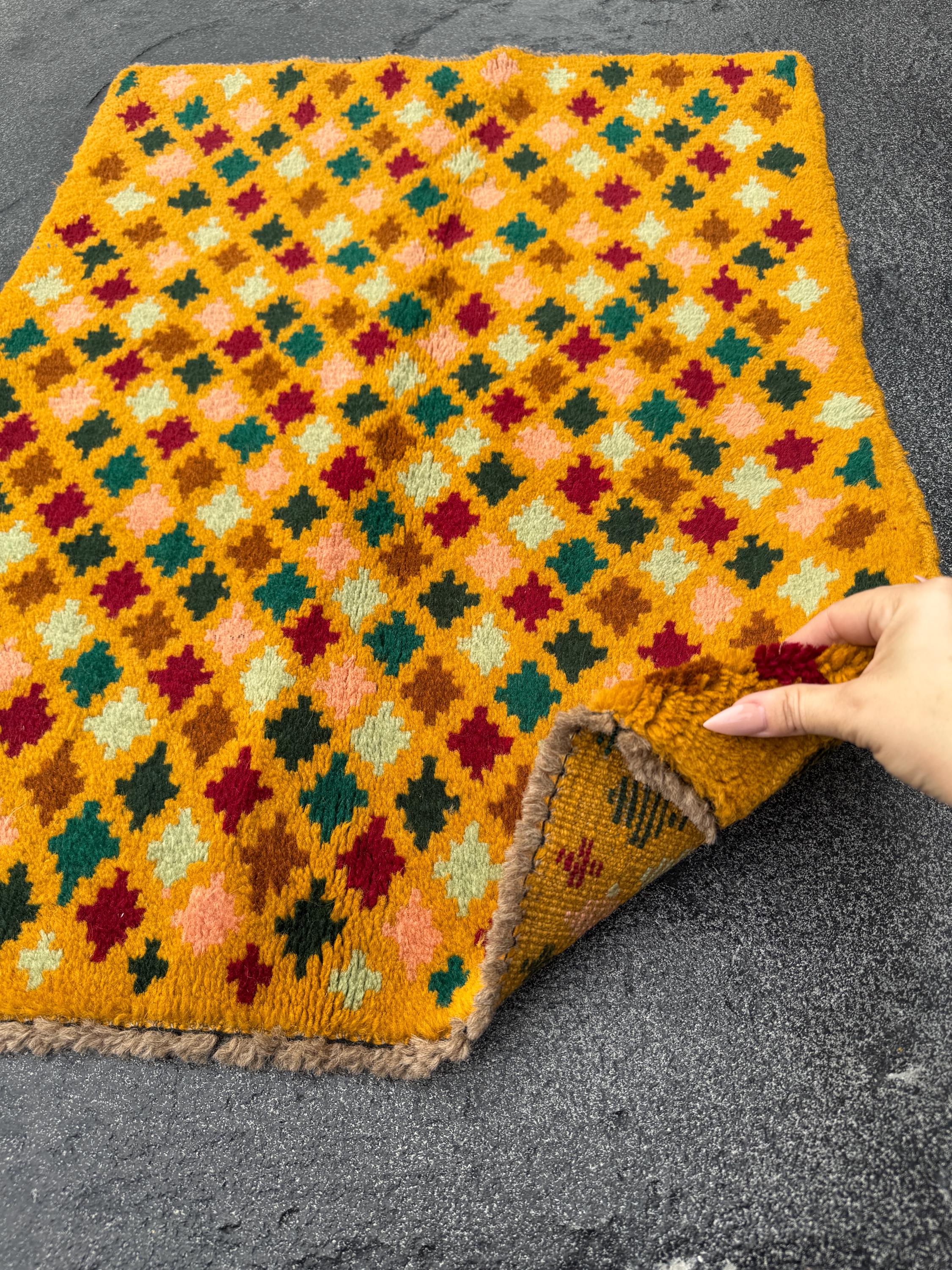 2x3 Handmade Vintage Afghan Baluch Rug | Mustard Yellow Rust Red Forest Pine Mint Green Copper Brown Peach Pink | Wool Nursery Rug