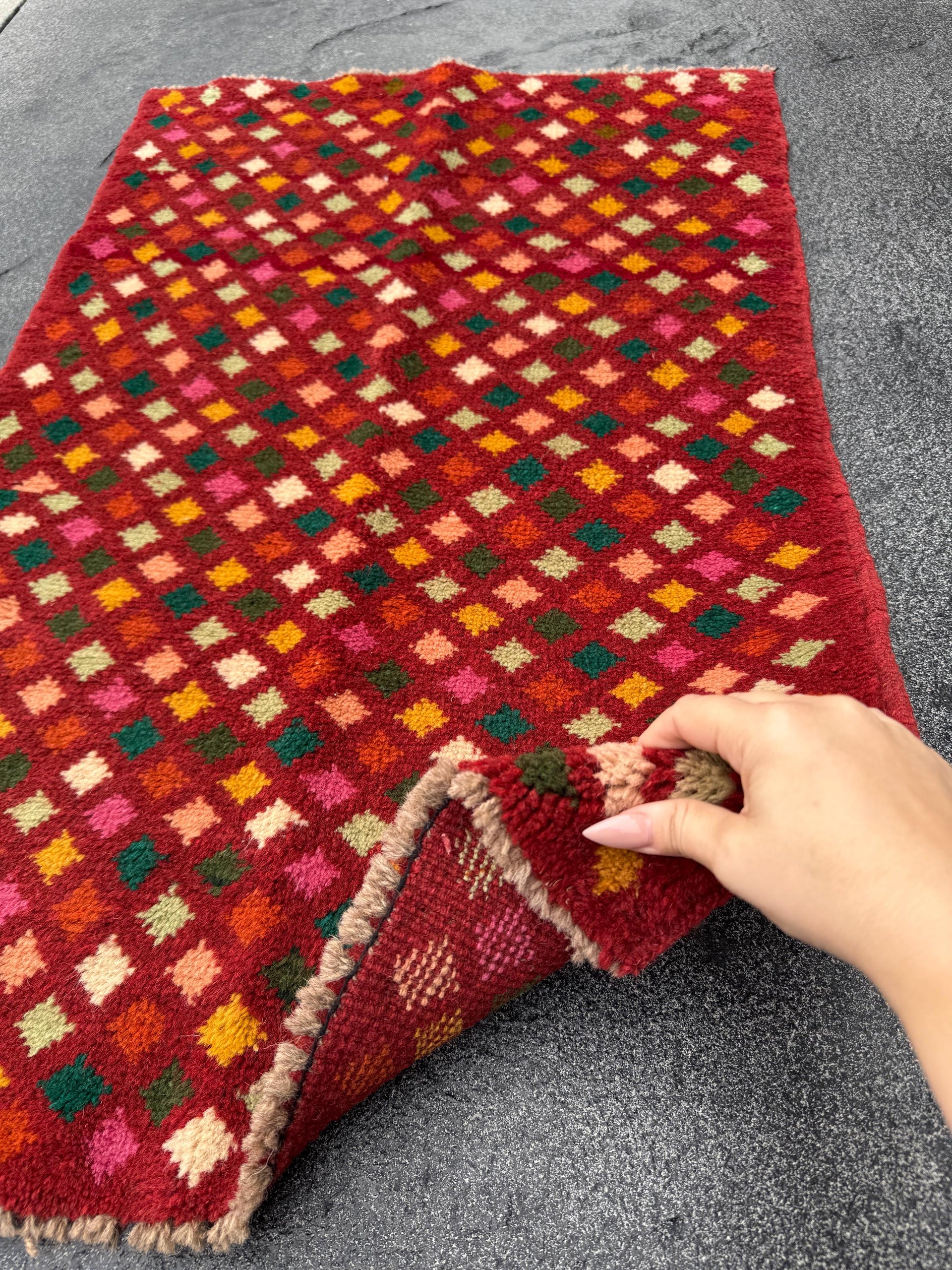 2x3 Handmade Vintage Afghan Baluch Rug | Rust Red Burnt Orange Pine Olive Mint Green Peach Rose Pink Mustard Yellow Cream White | Diamond