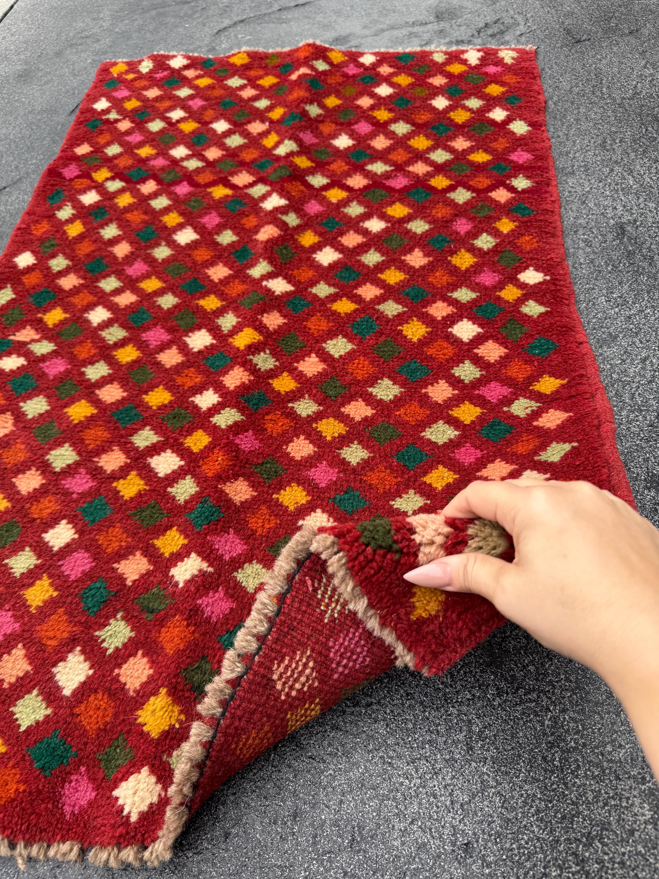 2x3 Handmade Vintage Afghan Baluch Rug | Rust Red Burnt Orange Pine Olive Mint Green Peach Rose Pink Mustard Yellow Cream White | Diamond