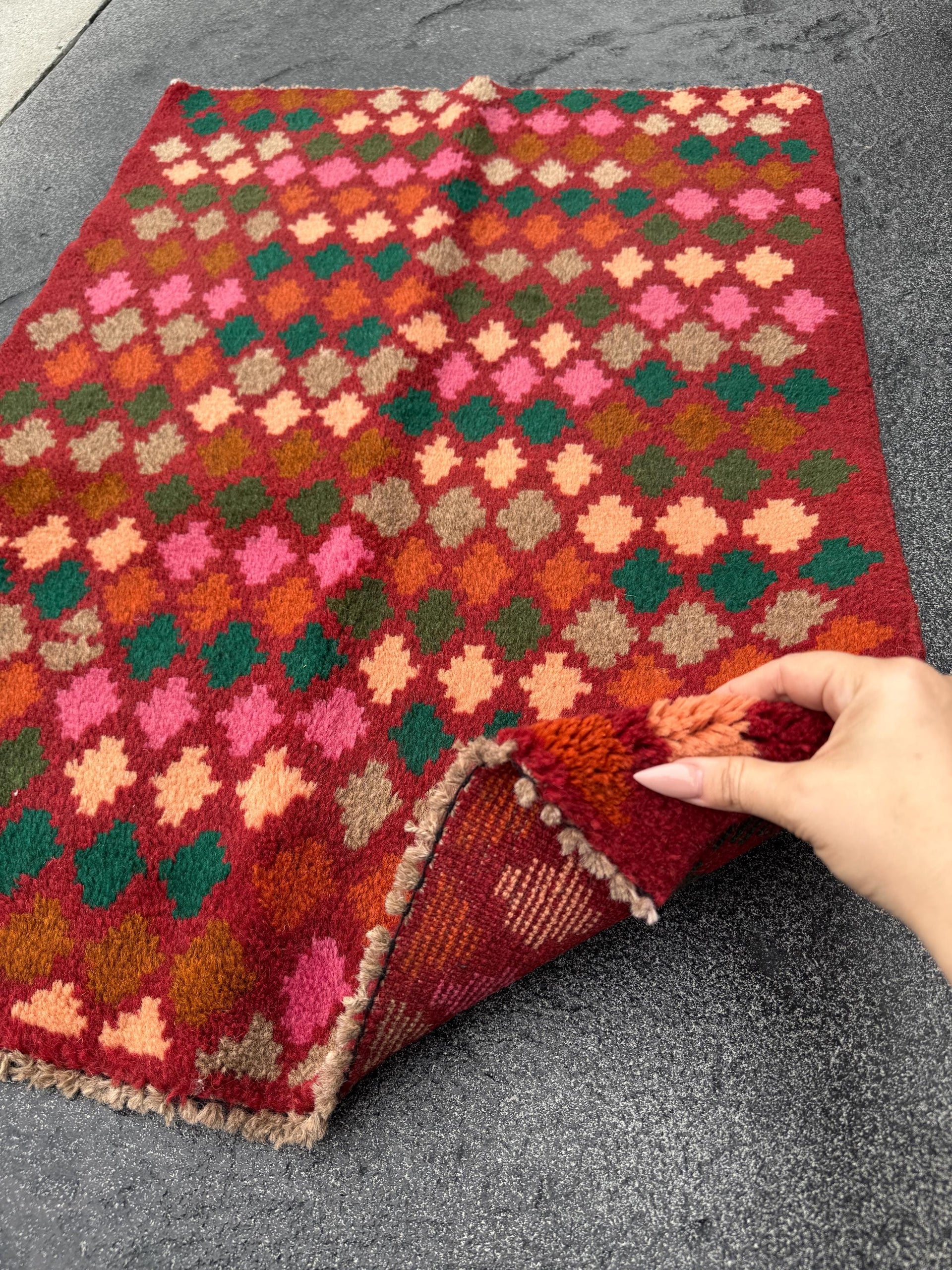 2x3 Handmade Vintage Afghan Baluch Rug | Rust Red Burnt Orange Pine Moss Green Peach Rose Pink Grey Copper Brown | Wool Geometric