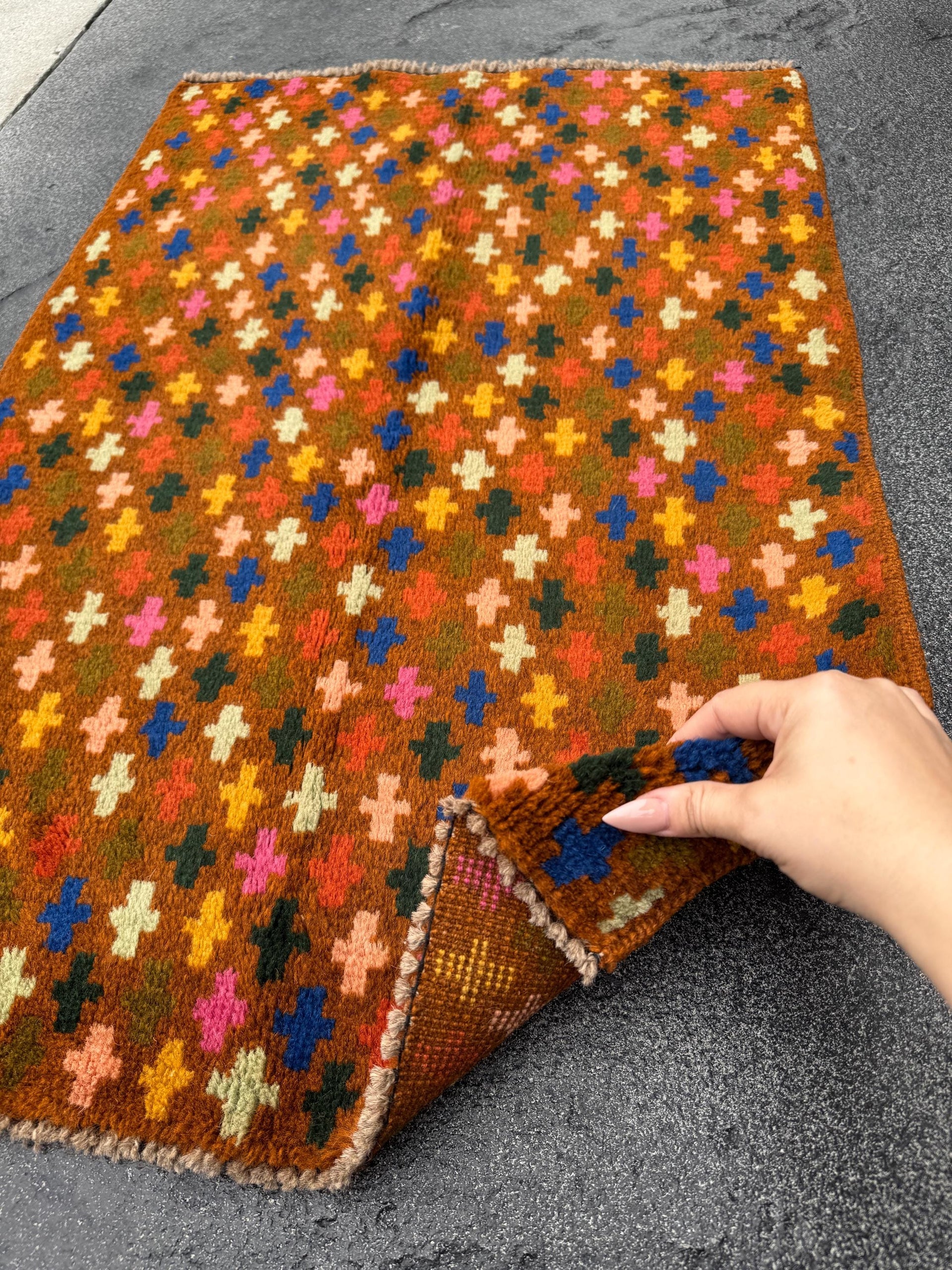 2x3 Handmade Vintage Afghan Baluch Rug | Copper Brown Pine Olive MInt Green Peach Pink BUrnt Orange Mustard Yellow Navy Blue | Rust Accent