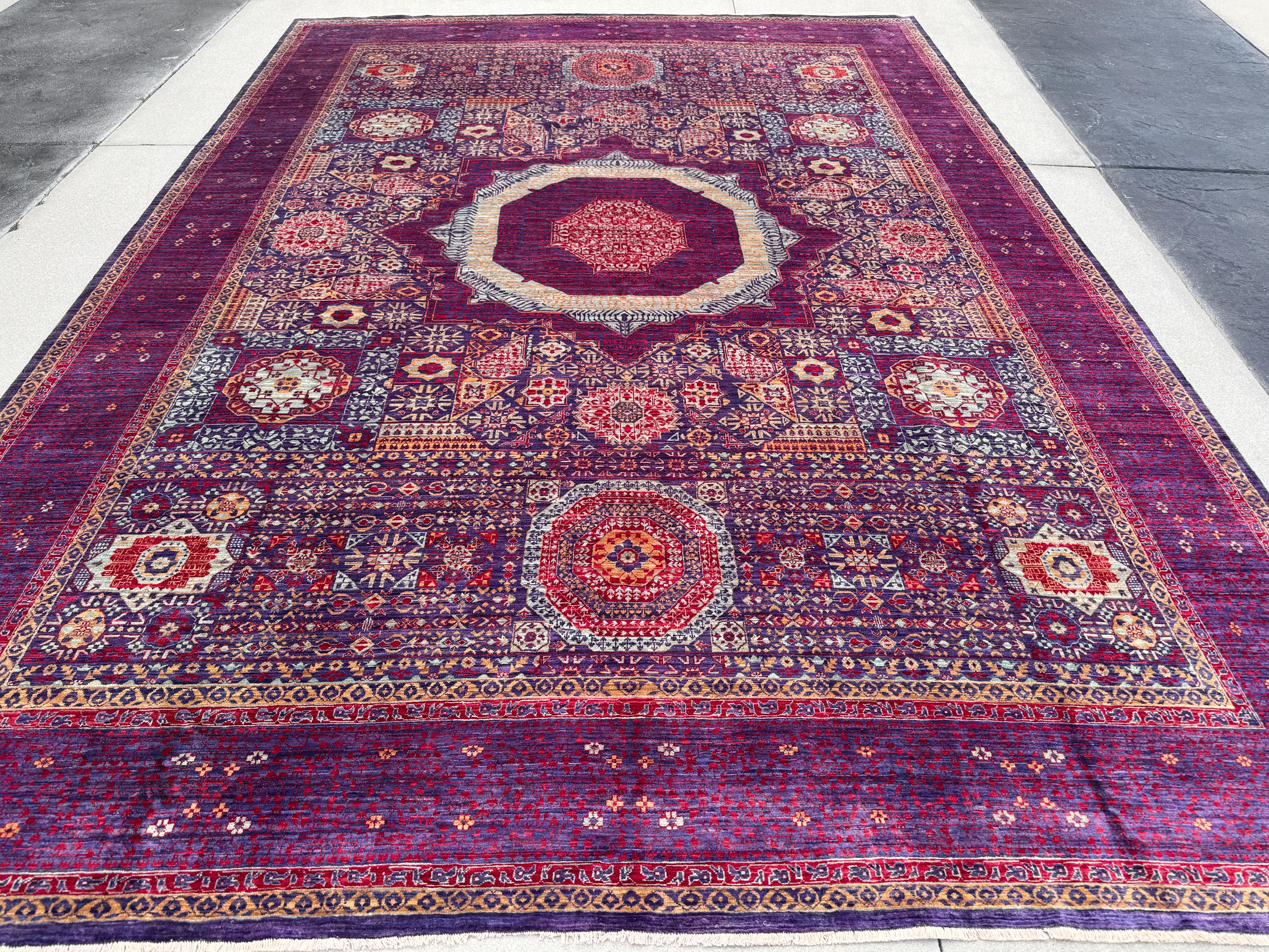 10x14 Handmade Afghan Mamluk Wool Rug | Purple and Red Oriental Area Rug | Hand-Knotted Geometric Carpet | Traditional Living Room Decor