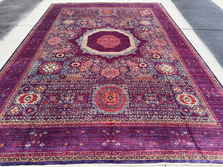 10x14 Handmade Afghan Mamluk Wool Rug | Purple and Red Oriental Area Rug | Hand-Knotted Geometric Carpet | Traditional Living Room Decor