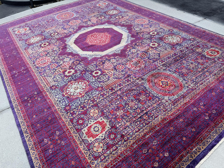 10x14 Handmade Afghan Mamluk Wool Rug | Purple and Red Oriental Area Rug | Hand-Knotted Geometric Carpet | Traditional Living Room Decor
