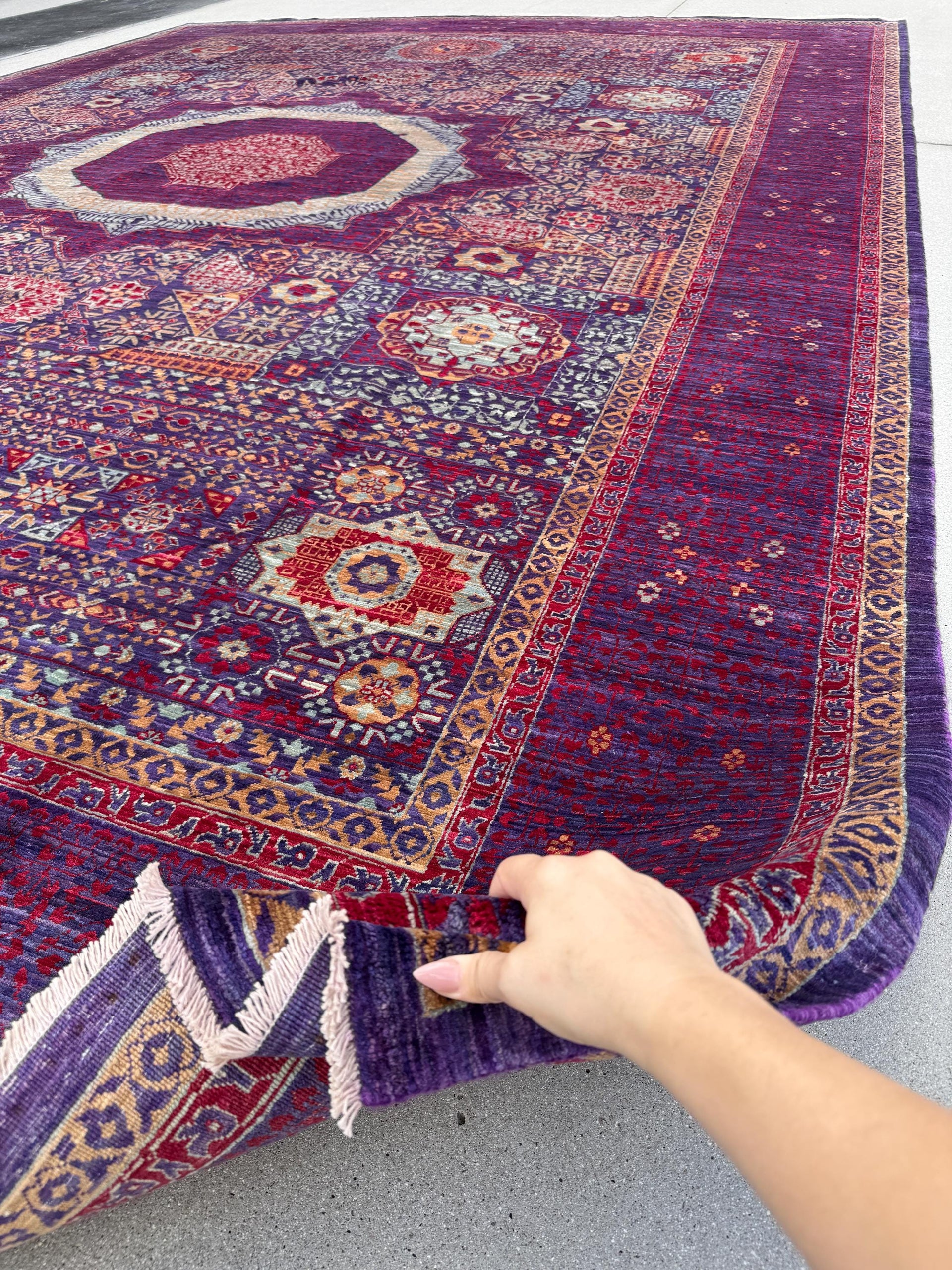 10x14 Handmade Afghan Mamluk Wool Rug | Purple and Red Oriental Area Rug | Hand-Knotted Geometric Carpet | Traditional Living Room Decor