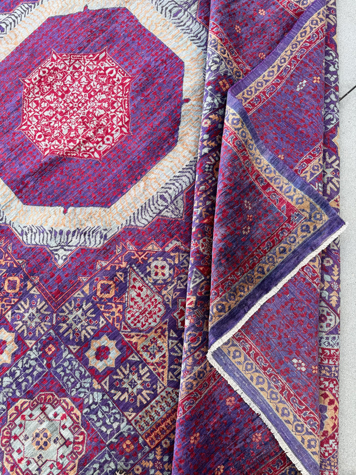 10x14 Handmade Afghan Mamluk Wool Rug | Purple and Red Oriental Area Rug | Hand-Knotted Geometric Carpet | Traditional Living Room Decor
