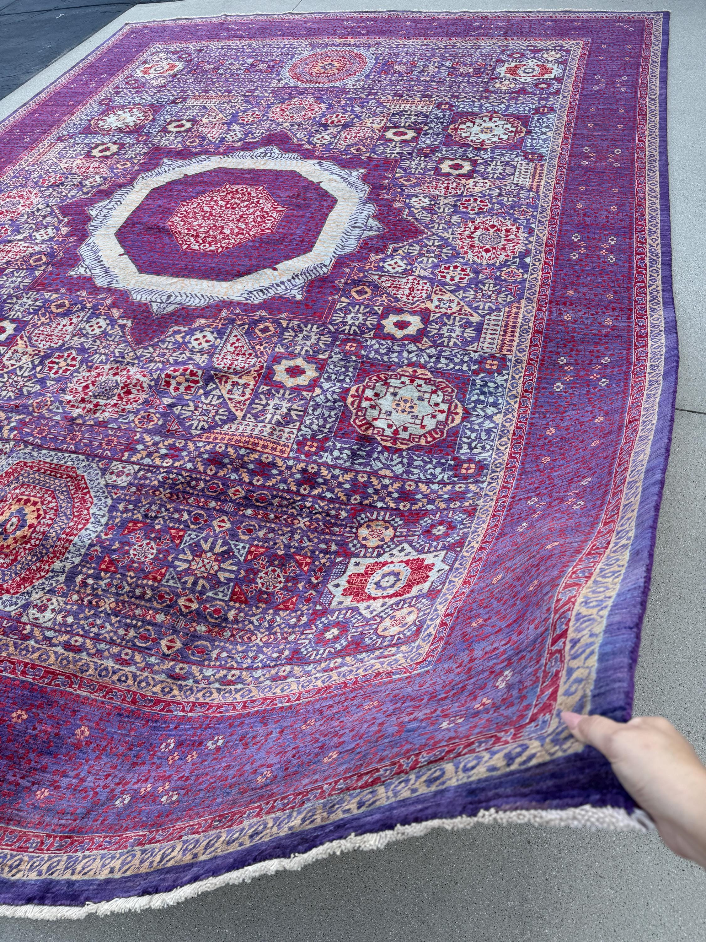 10x14 Handmade Afghan Mamluk Wool Rug | Purple and Red Oriental Area Rug | Hand-Knotted Geometric Carpet | Traditional Living Room Decor