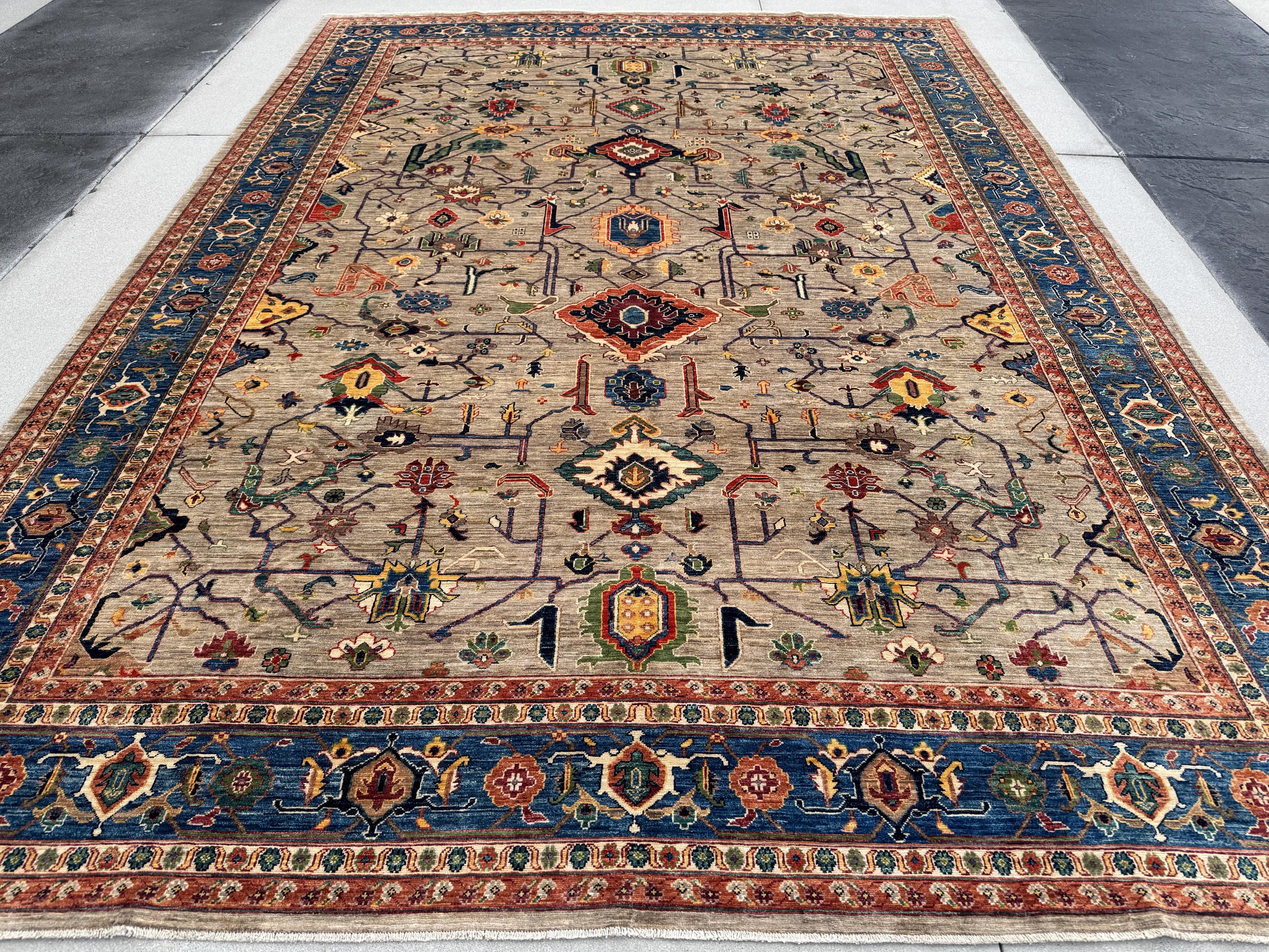 10x14 Handmade Afghan Wool Rug | Beige and Blue Heriz Style Area Rug | Hand-Knotted Tribal Carpet | Transitional Living Room Decor