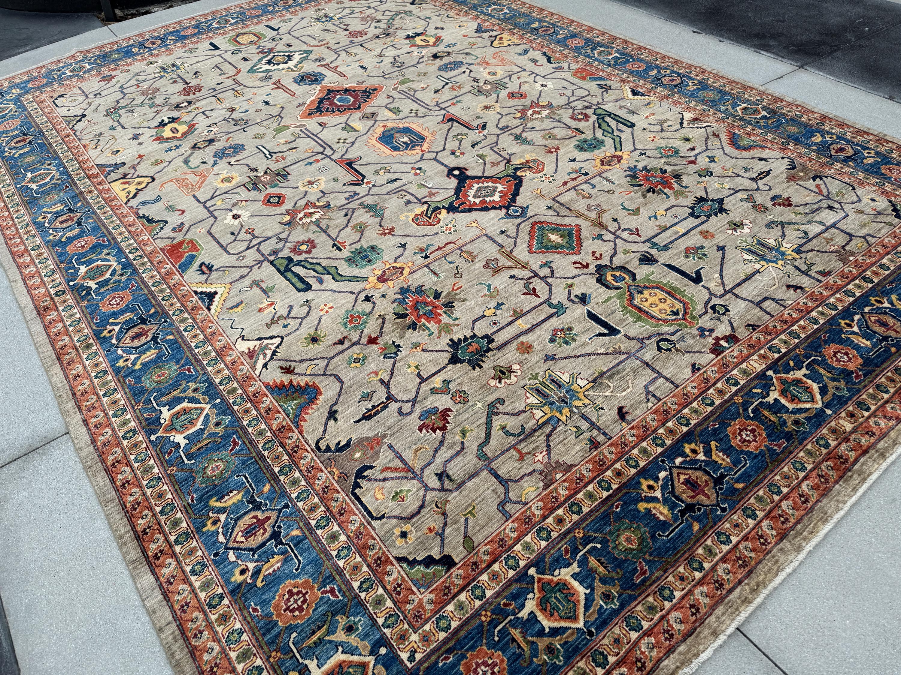 10x14 Handmade Afghan Wool Rug | Beige and Blue Heriz Style Area Rug | Hand-Knotted Tribal Carpet | Transitional Living Room Decor