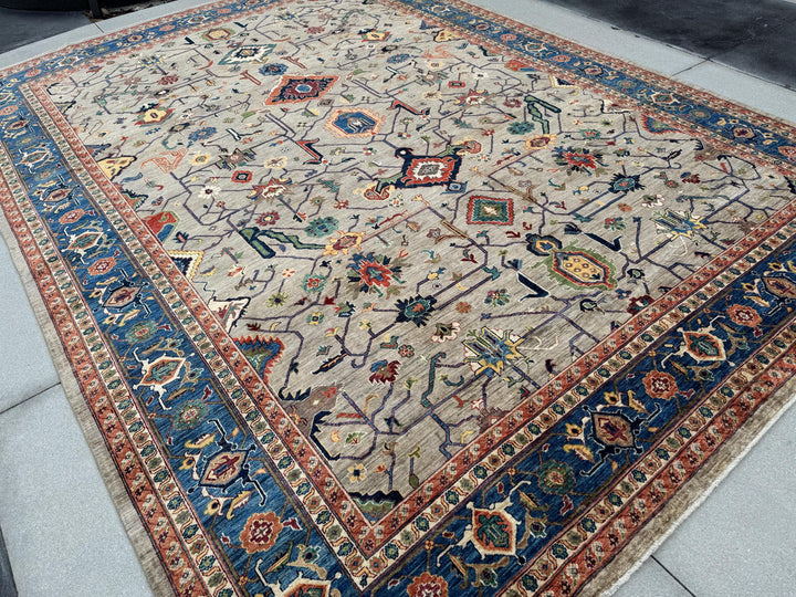 10x14 Handmade Afghan Wool Rug | Beige and Blue Heriz Style Area Rug | Hand-Knotted Tribal Carpet | Transitional Living Room Decor