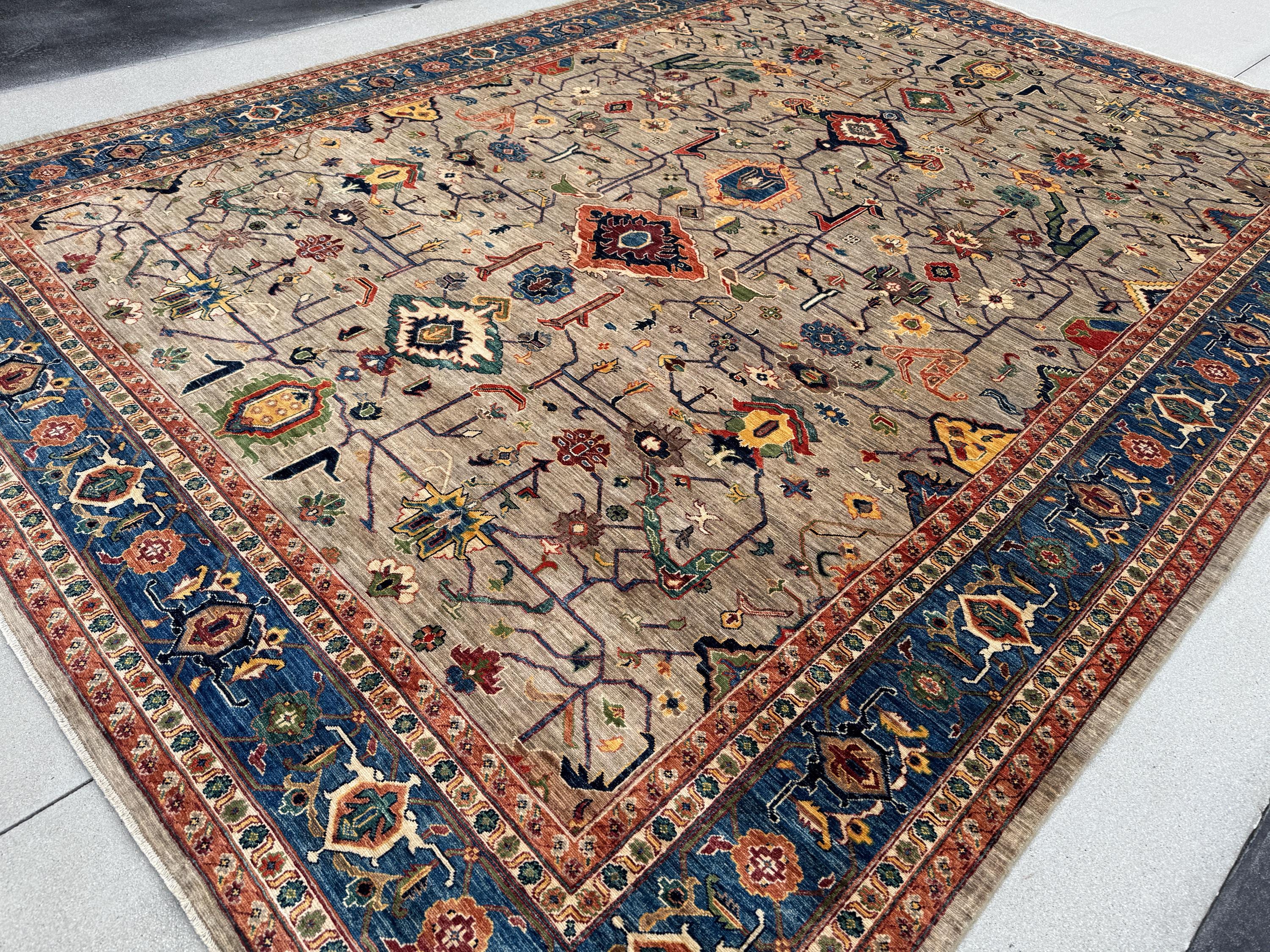 10x14 Handmade Afghan Wool Rug | Beige and Blue Heriz Style Area Rug | Hand-Knotted Tribal Carpet | Transitional Living Room Decor