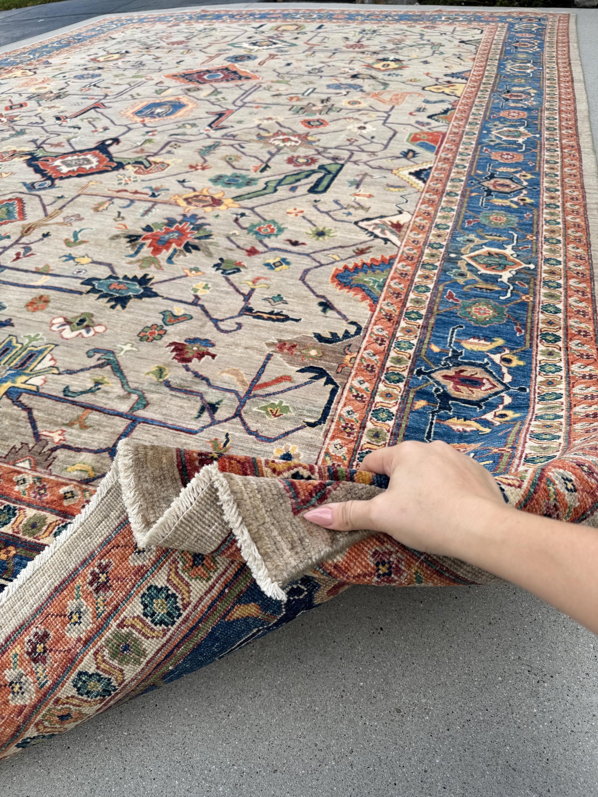 10x14 Handmade Afghan Wool Rug | Beige and Blue Heriz Style Area Rug | Hand-Knotted Tribal Carpet | Transitional Living Room Decor