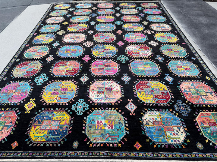 10x13 Handmade Afghan Wool Rug | Black Multicolor Geometric Area Rug | Hand-Knotted Tribal Carpet | Modern Boho Living Room Decor