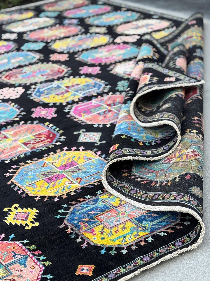 10x13 Handmade Afghan Wool Rug | Black Multicolor Geometric Area Rug | Hand-Knotted Tribal Carpet | Modern Boho Living Room Decor
