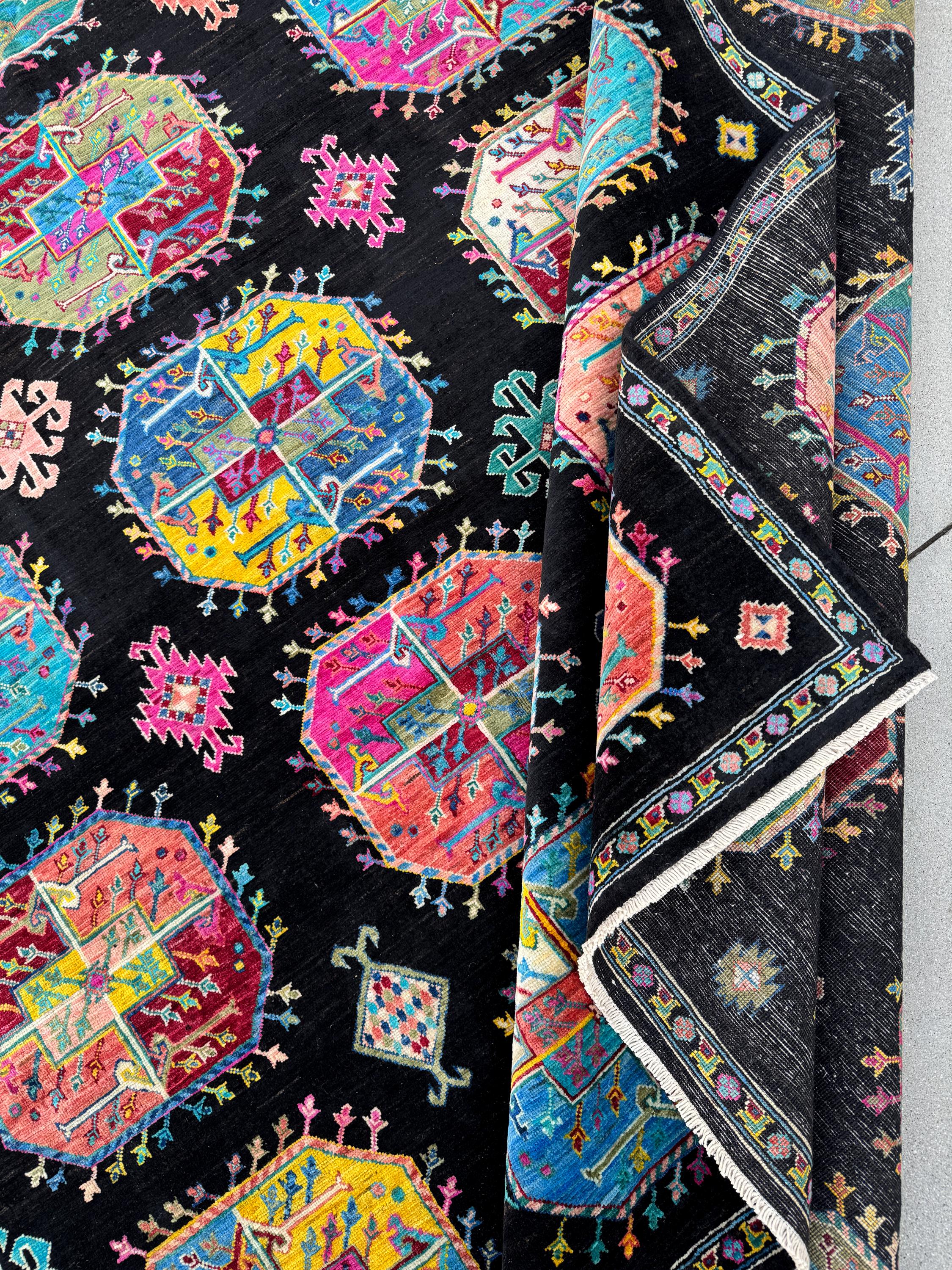 10x13 Handmade Afghan Wool Rug | Black Multicolor Geometric Area Rug | Hand-Knotted Tribal Carpet | Modern Boho Living Room Decor