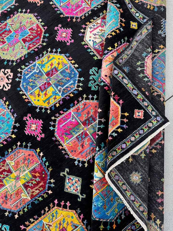 10x13 Handmade Afghan Wool Rug | Black Multicolor Geometric Area Rug | Hand-Knotted Tribal Carpet | Modern Boho Living Room Decor