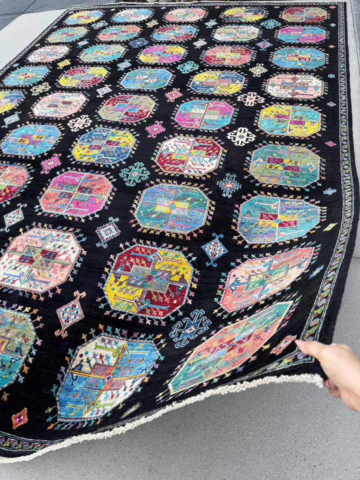 10x13 Handmade Afghan Wool Rug | Black Multicolor Geometric Area Rug | Hand-Knotted Tribal Carpet | Modern Boho Living Room Decor