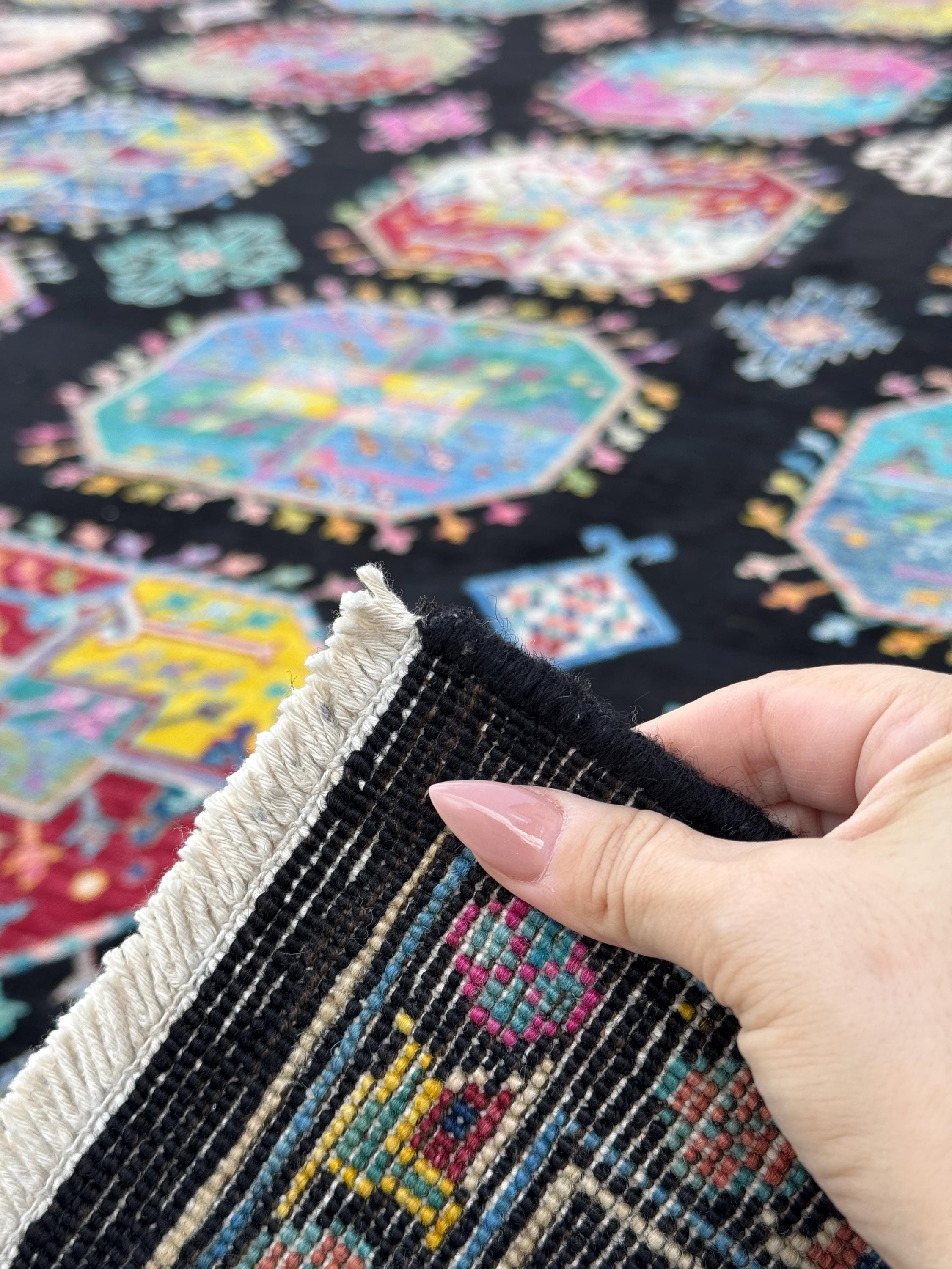 10x13 Handmade Afghan Wool Rug | Black Multicolor Geometric Area Rug | Hand-Knotted Tribal Carpet | Modern Boho Living Room Decor