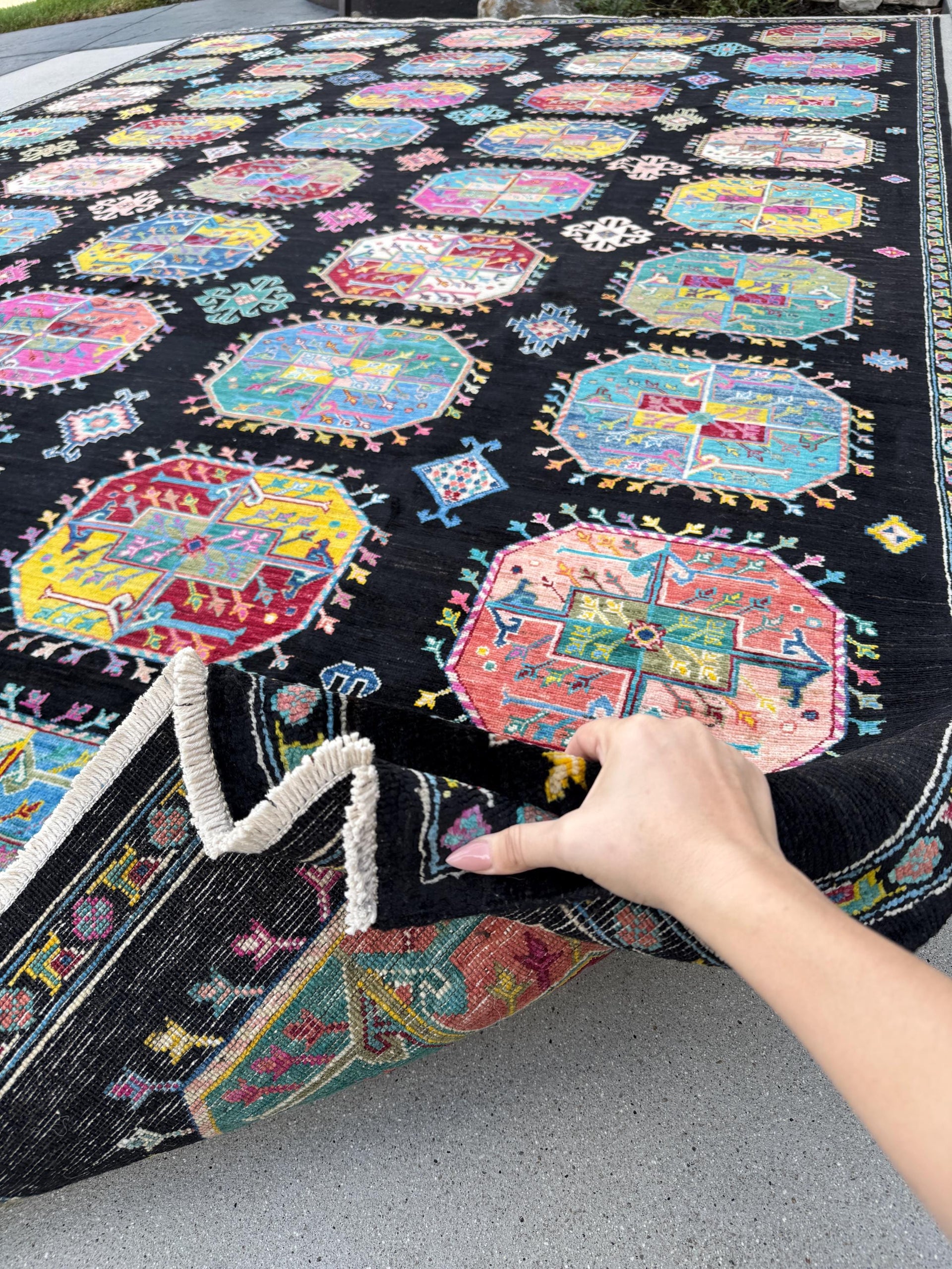 10x13 Handmade Afghan Wool Rug | Black Multicolor Geometric Area Rug | Hand-Knotted Tribal Carpet | Modern Boho Living Room Decor