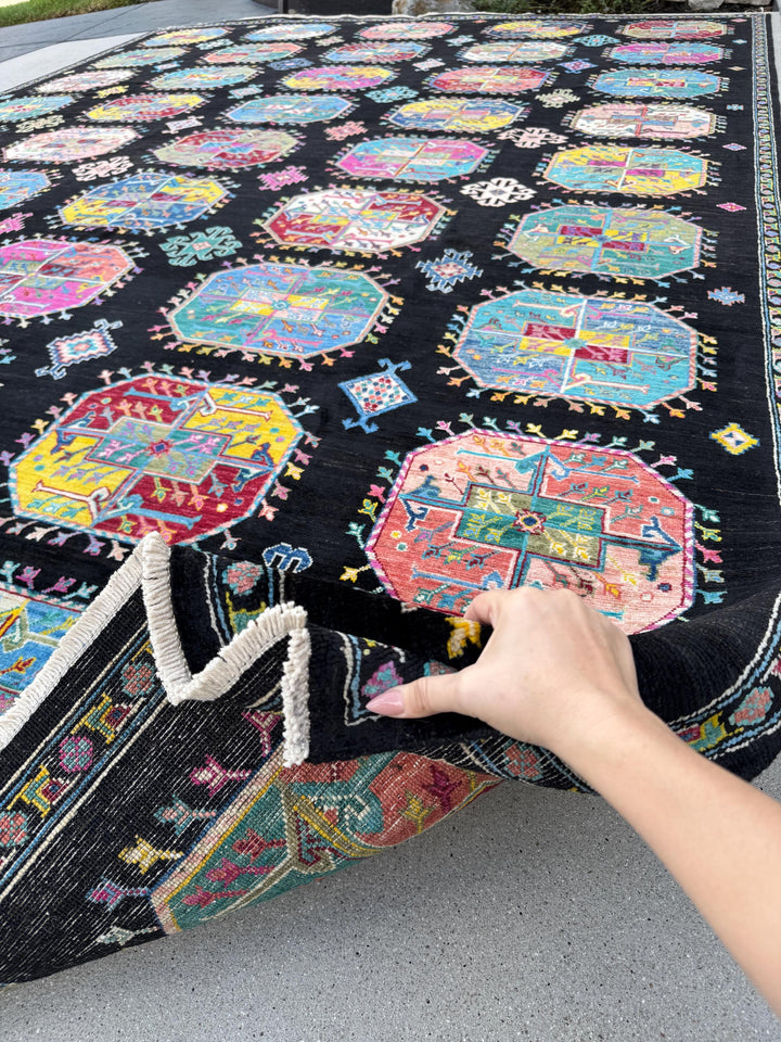 10x13 Handmade Afghan Wool Rug | Black Multicolor Geometric Area Rug | Hand-Knotted Tribal Carpet | Modern Boho Living Room Decor