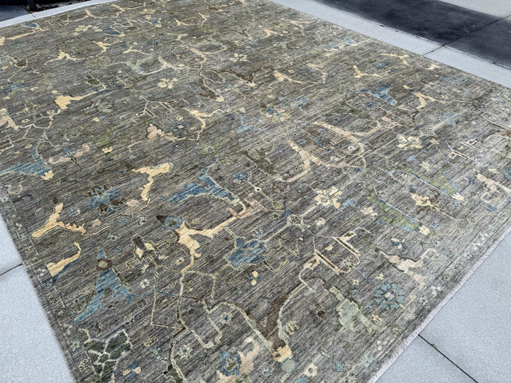 10x14 Handmade Afghan Wool Rug | Gray and Blue Oushak Style Area Rug | Hand-Knotted Distressed Carpet | Modern Classic Living Room Decor