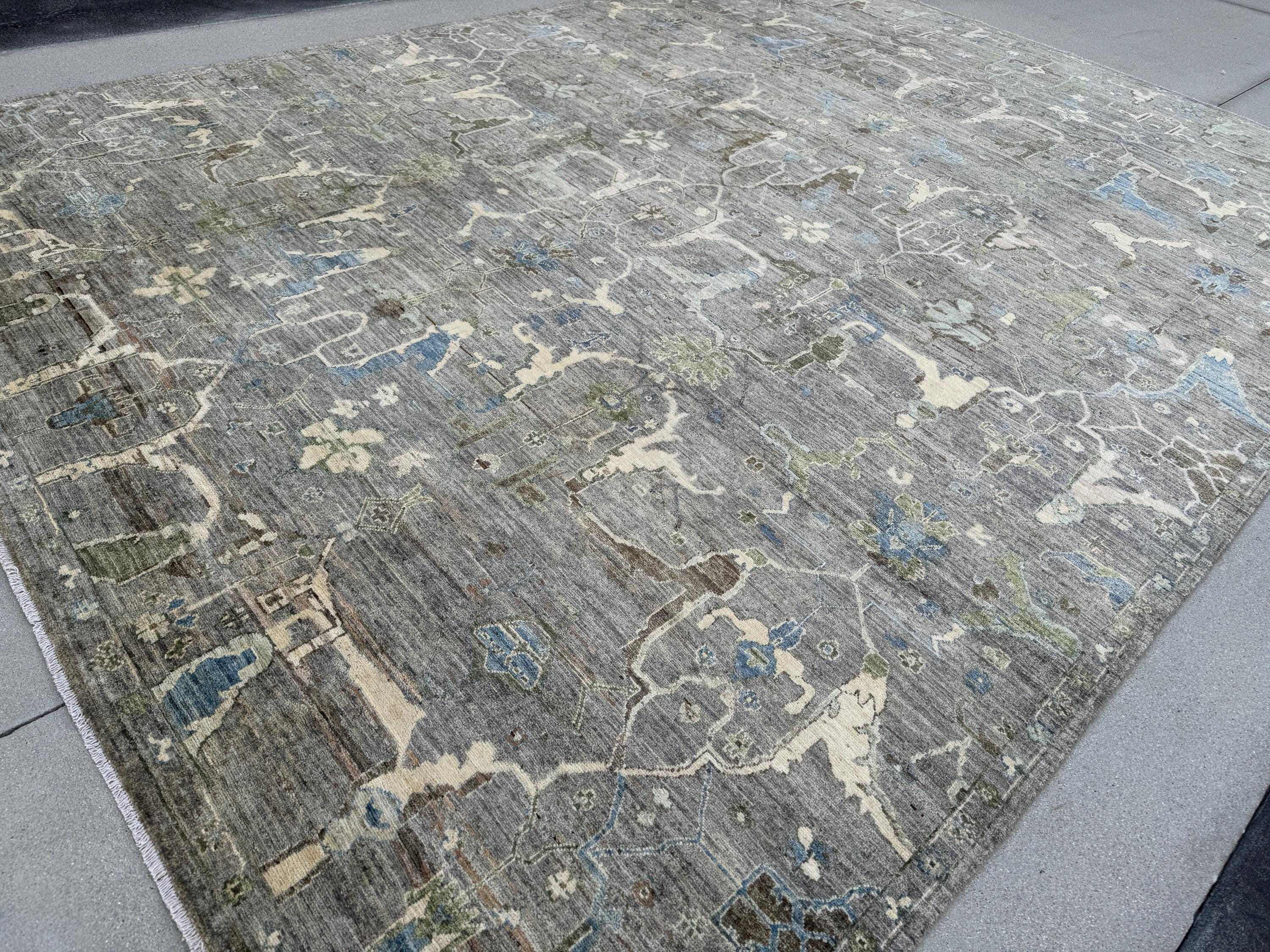 10x14 Handmade Afghan Wool Rug | Gray and Blue Oushak Style Area Rug | Hand-Knotted Distressed Carpet | Modern Classic Living Room Decor