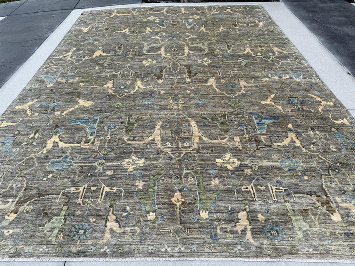 10x14 Handmade Afghan Wool Rug | Gray and Blue Oushak Style Area Rug | Hand-Knotted Distressed Carpet | Modern Classic Living Room Decor