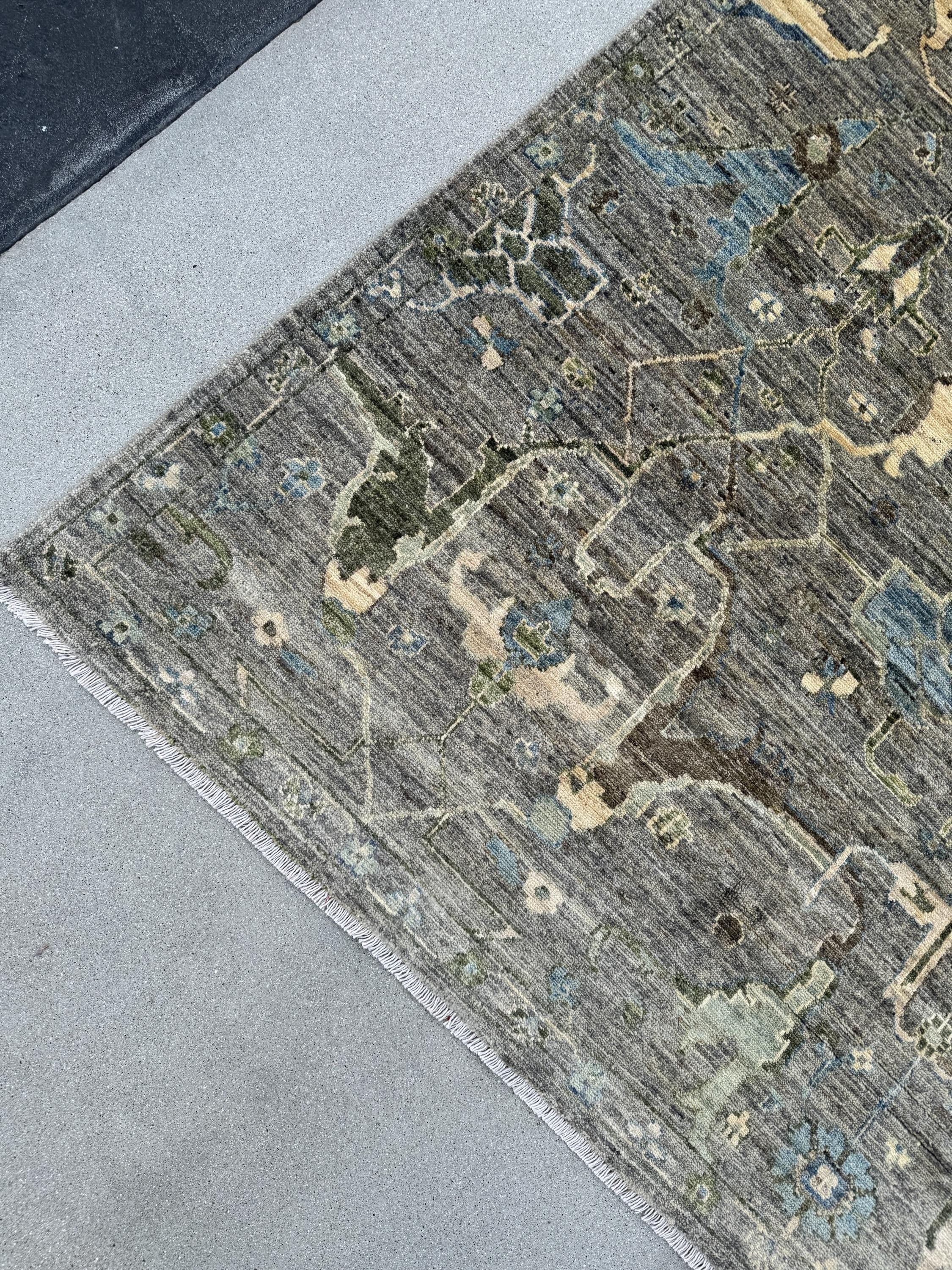 10x14 Handmade Afghan Wool Rug | Gray and Blue Oushak Style Area Rug | Hand-Knotted Distressed Carpet | Modern Classic Living Room Decor