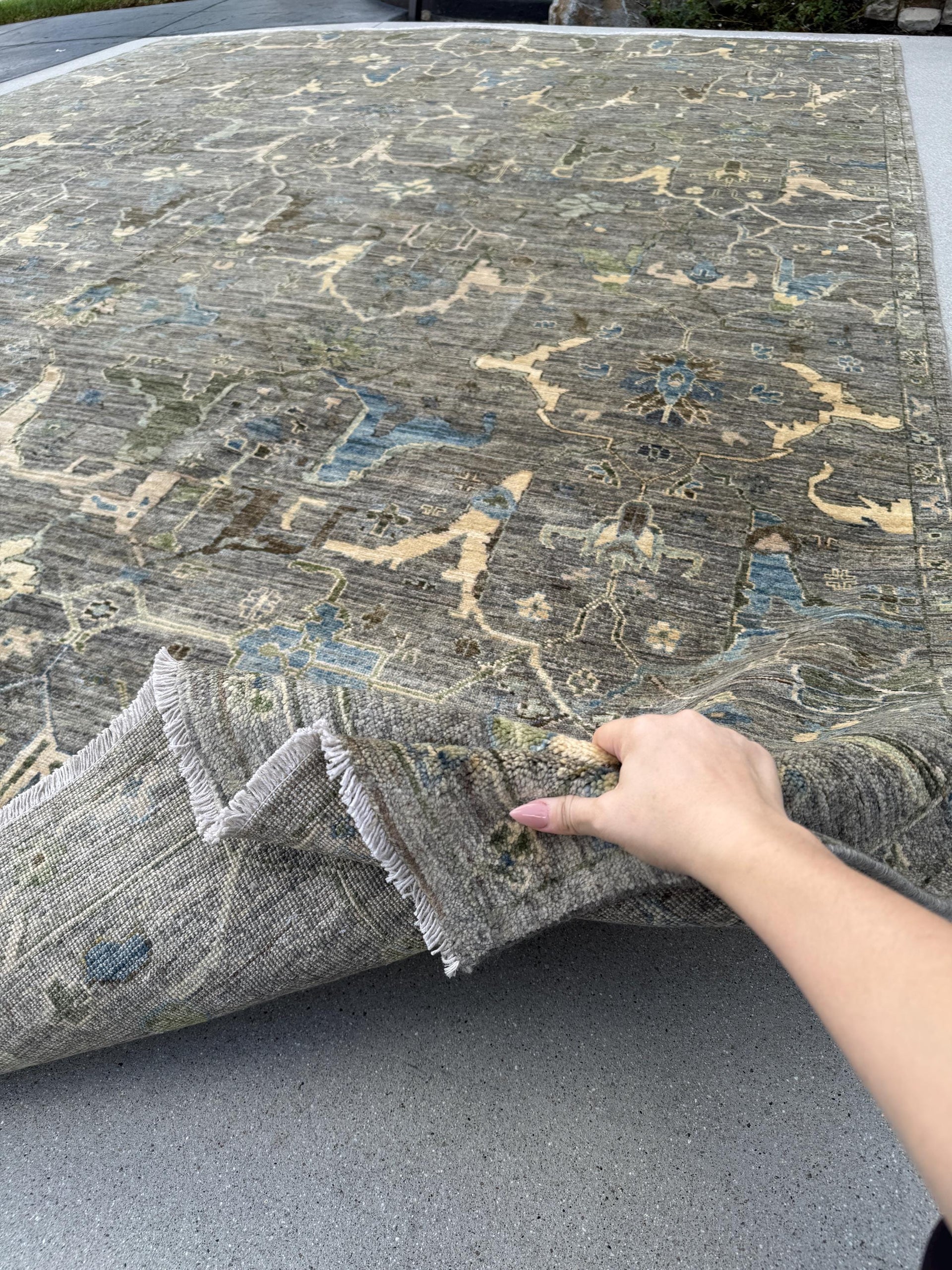 10x14 Handmade Afghan Wool Rug | Gray and Blue Oushak Style Area Rug | Hand-Knotted Distressed Carpet | Modern Classic Living Room Decor