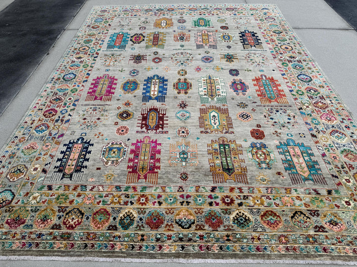 9x12 Handmade Afghan Wool Rug | Gray and Multicolor Tribal Area Rug | Hand-Knotted Nomadic Carpet | Eclectic Living Room Decor