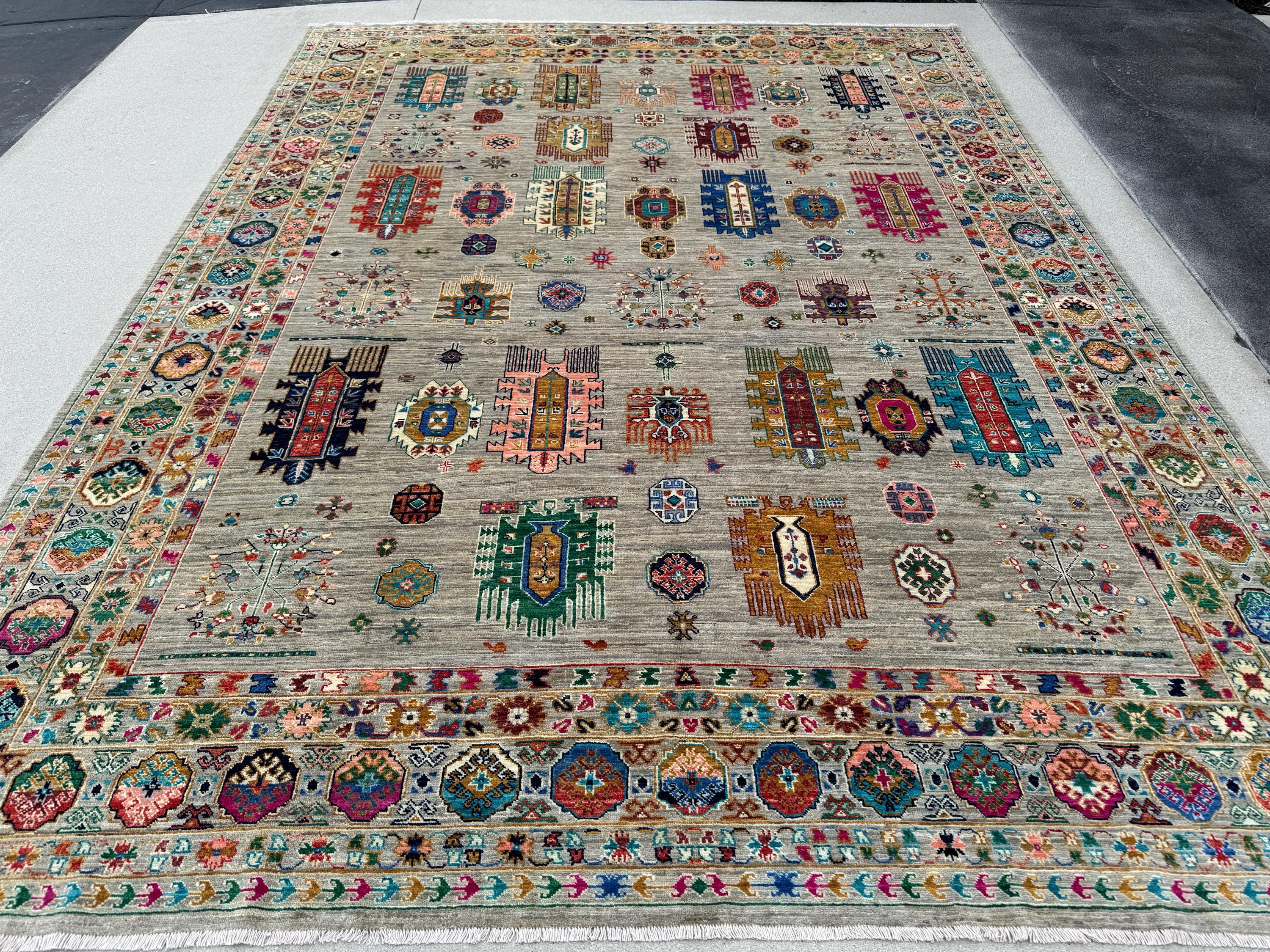 9x12 Handmade Afghan Wool Rug | Gray and Multicolor Tribal Area Rug | Hand-Knotted Nomadic Carpet | Eclectic Living Room Decor