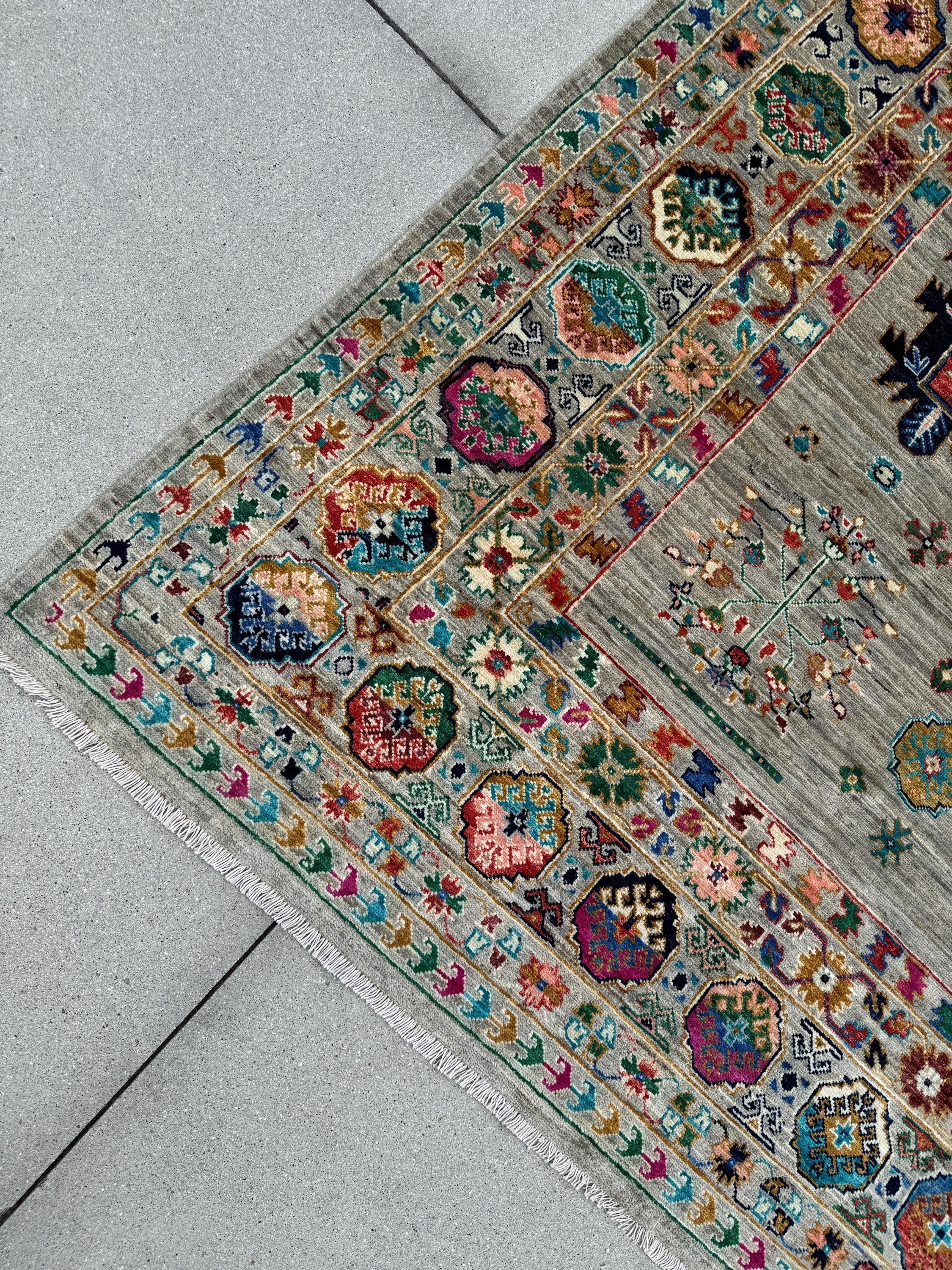 9x12 Handmade Afghan Wool Rug | Gray and Multicolor Tribal Area Rug | Hand-Knotted Nomadic Carpet | Eclectic Living Room Decor