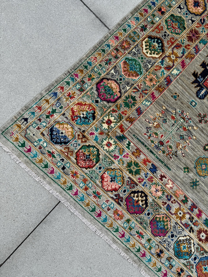 9x12 Handmade Afghan Wool Rug | Gray and Multicolor Tribal Area Rug | Hand-Knotted Nomadic Carpet | Eclectic Living Room Decor