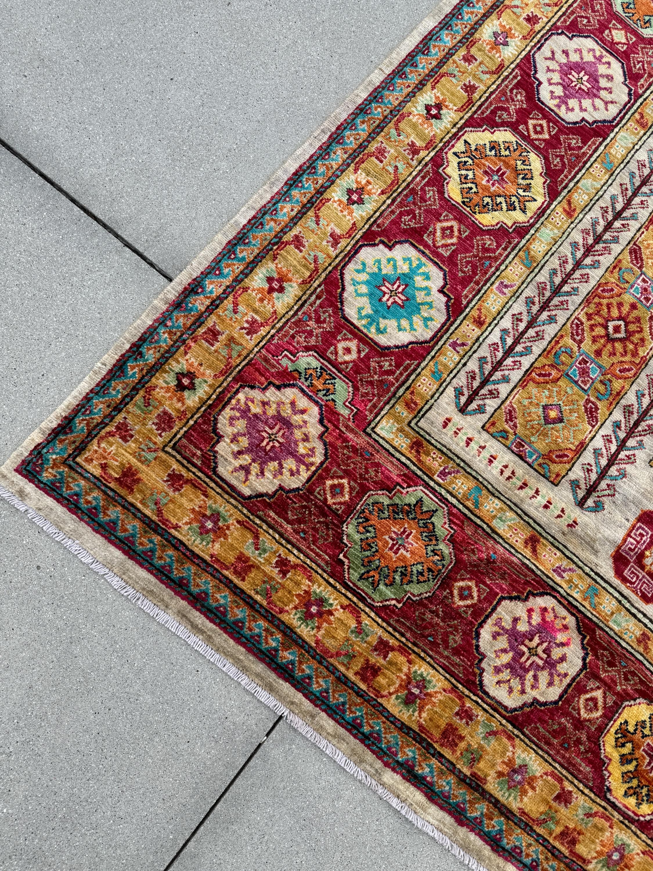 9x12 Handmade Afghan Wool Rug | Beige and Red Tribal Area Rug | Hand-Knotted Geometric Carpet | Boho and Traditional Living Room Decor