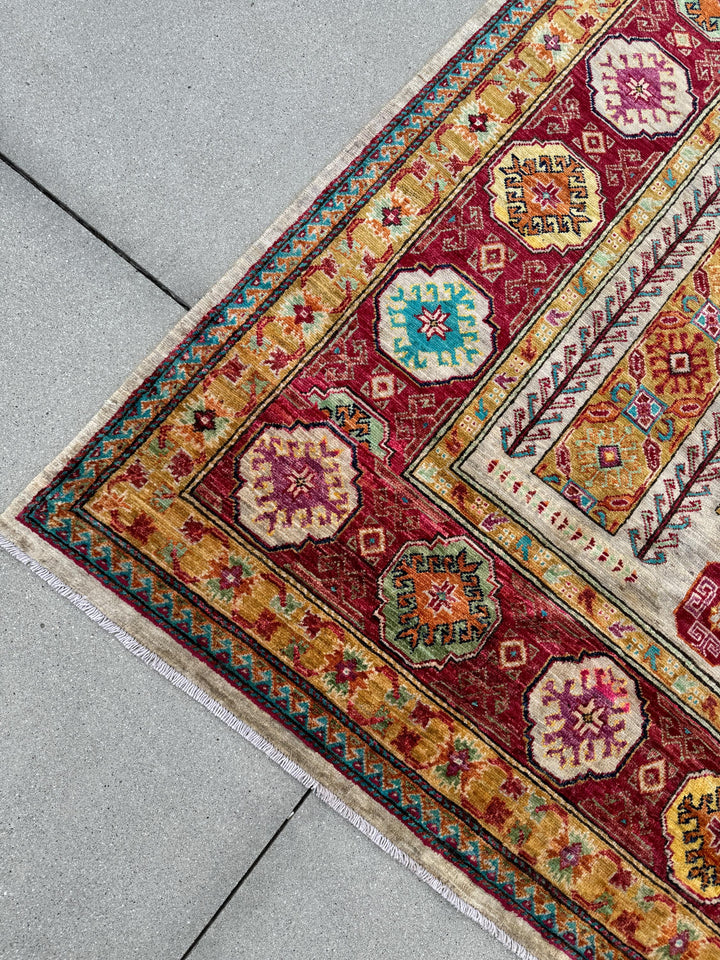 9x12 Handmade Afghan Wool Rug | Beige and Red Tribal Area Rug | Hand-Knotted Geometric Carpet | Boho and Traditional Living Room Decor