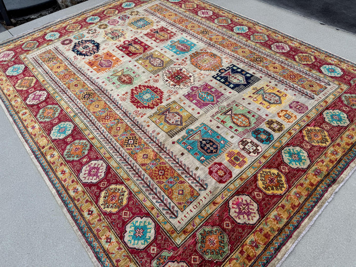 8x11 Handmade Afghan Wool Rug | Beige and Red Tribal Area Rug | Hand-Knotted Geometric Carpet | Boho and Traditional Living Room Decor